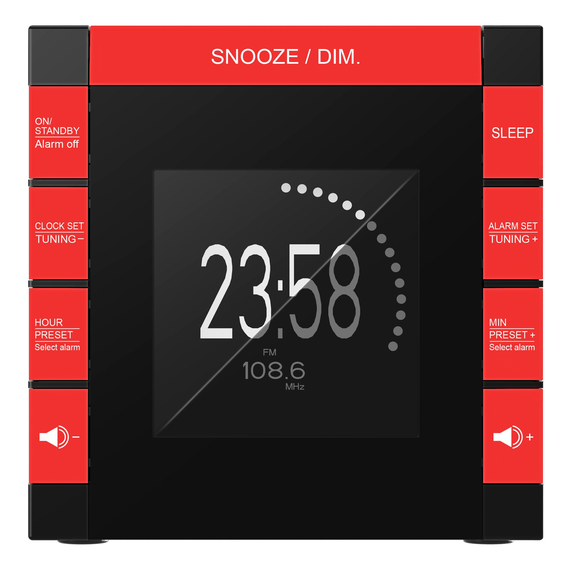 Czarny i czerwony cyfrowy budzik pokazujący godzinę i częstotliwość radia FM, z przyciskami do ustawień.
