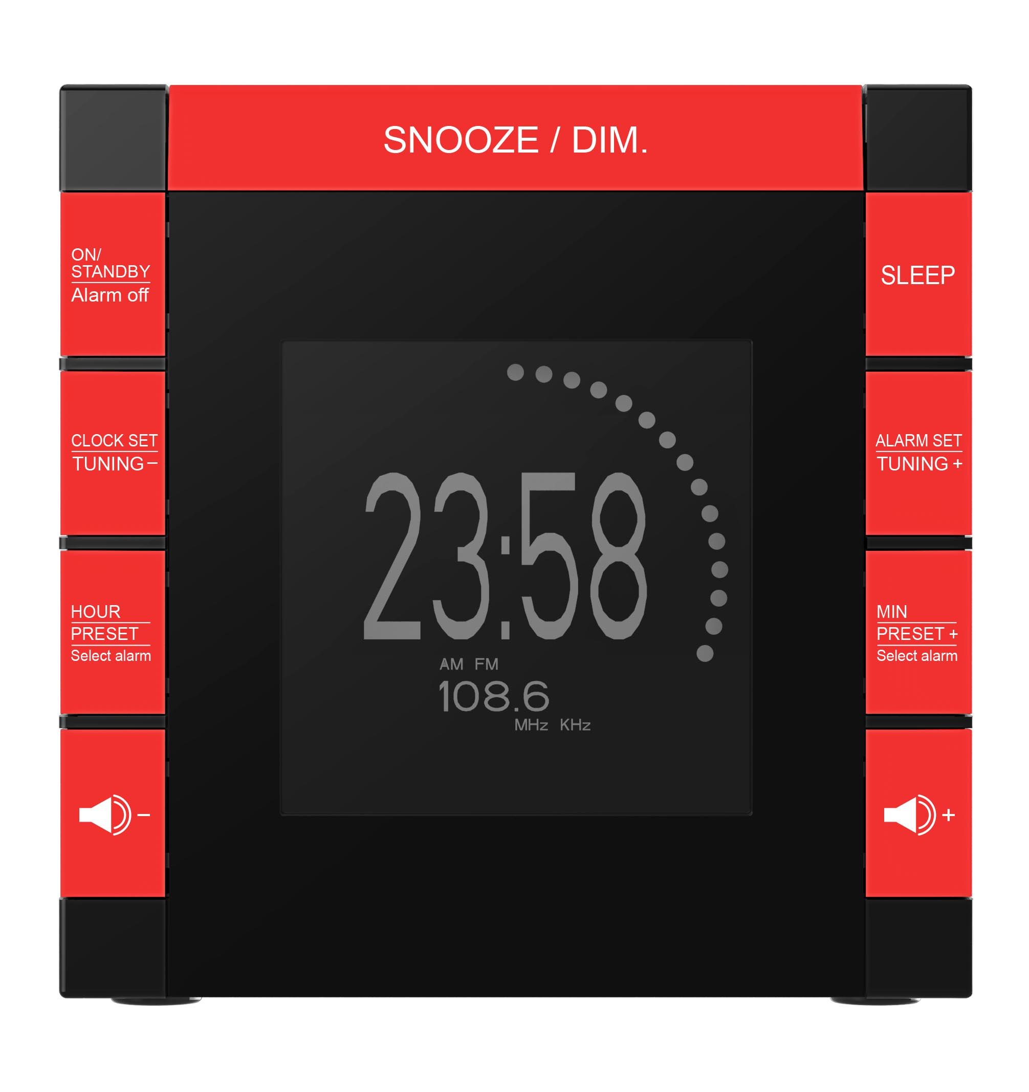 Czarny i czerwony cyfrowy budzik z wyświetlaczem pokazującym czas, AM/FM i przyciskami.