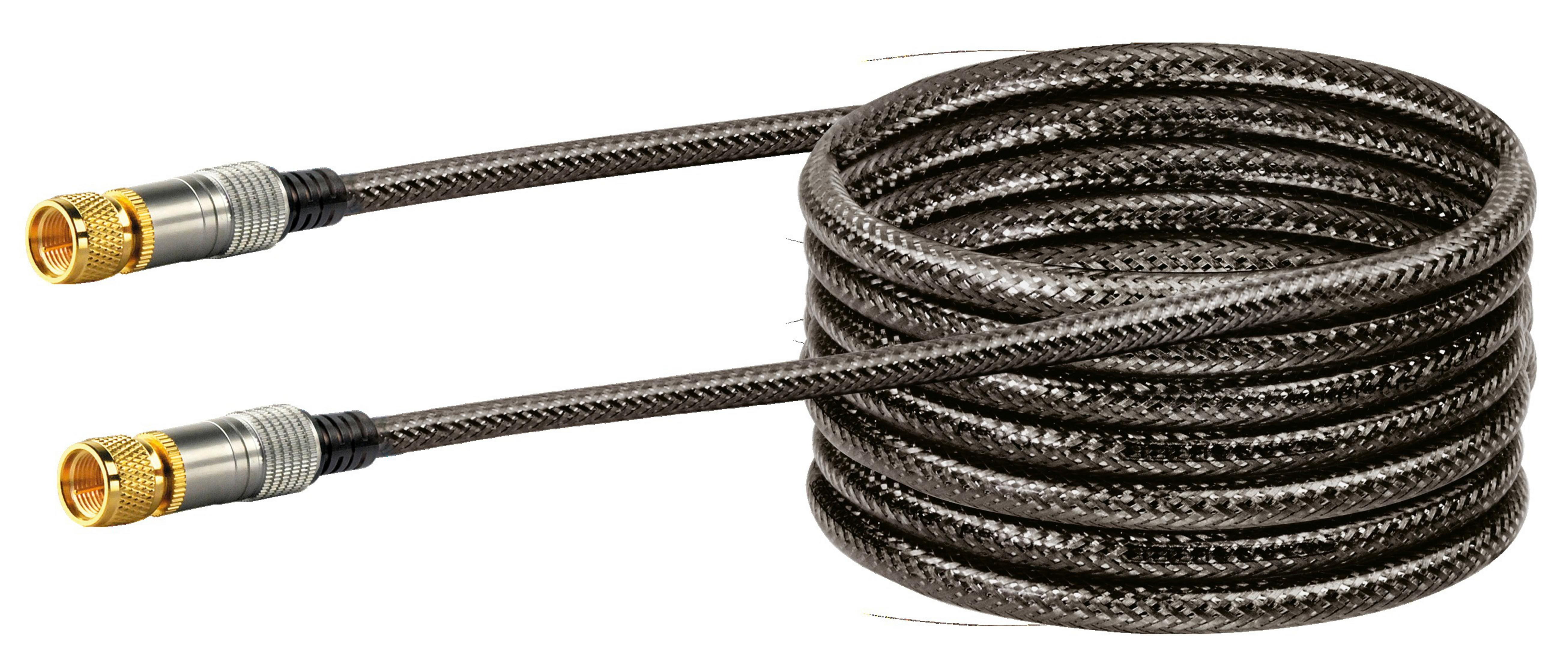 Gespultes schwarzes Kabel mit Gold- und Silberanschlüssen an jedem Ende.