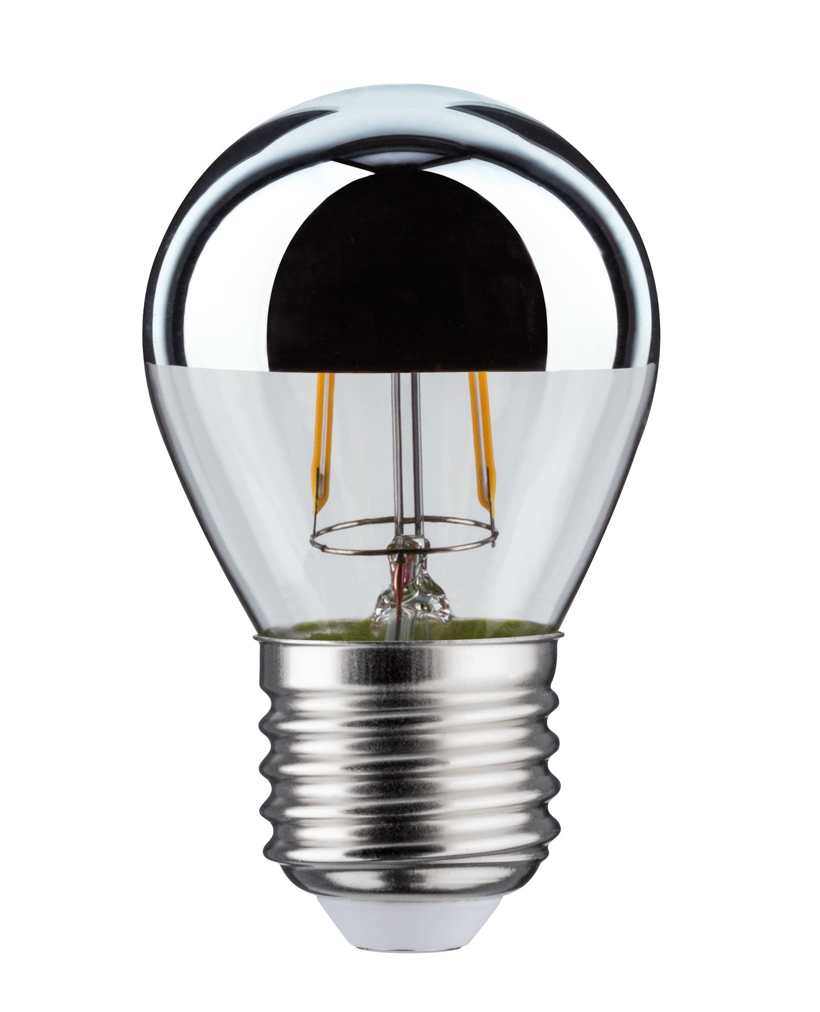 Lampadina argento e trasparente con un riflettore nero sopra.