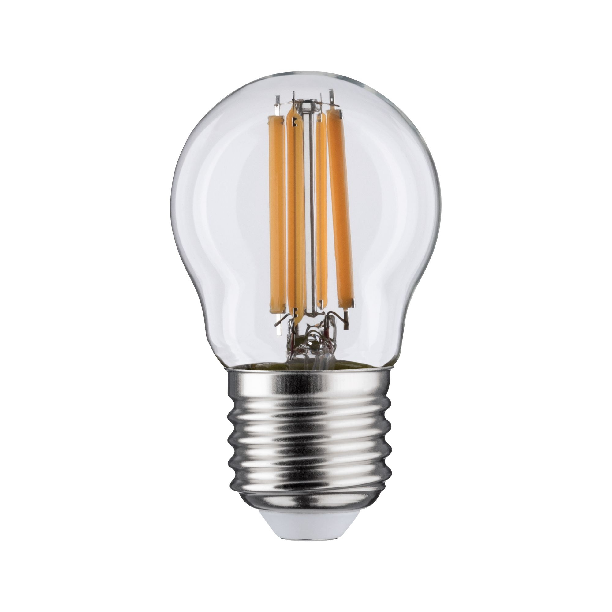 Przezroczysta szklana żarówka LED z trzema pionowymi pomarańczowymi włóknami, na białym tle.