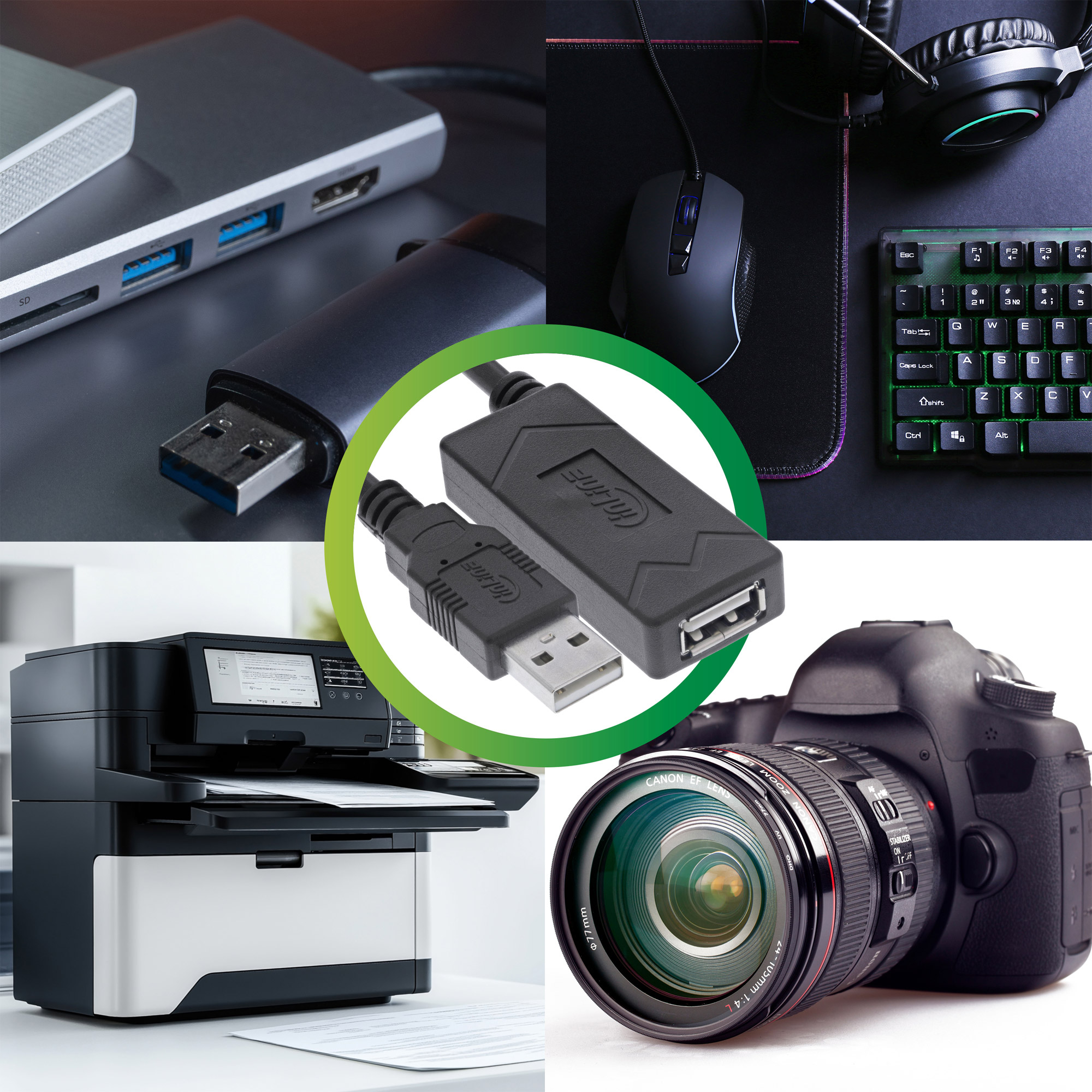 Un collage di periferiche per computer, tra cui una stampante, una fotocamera e un hub USB.