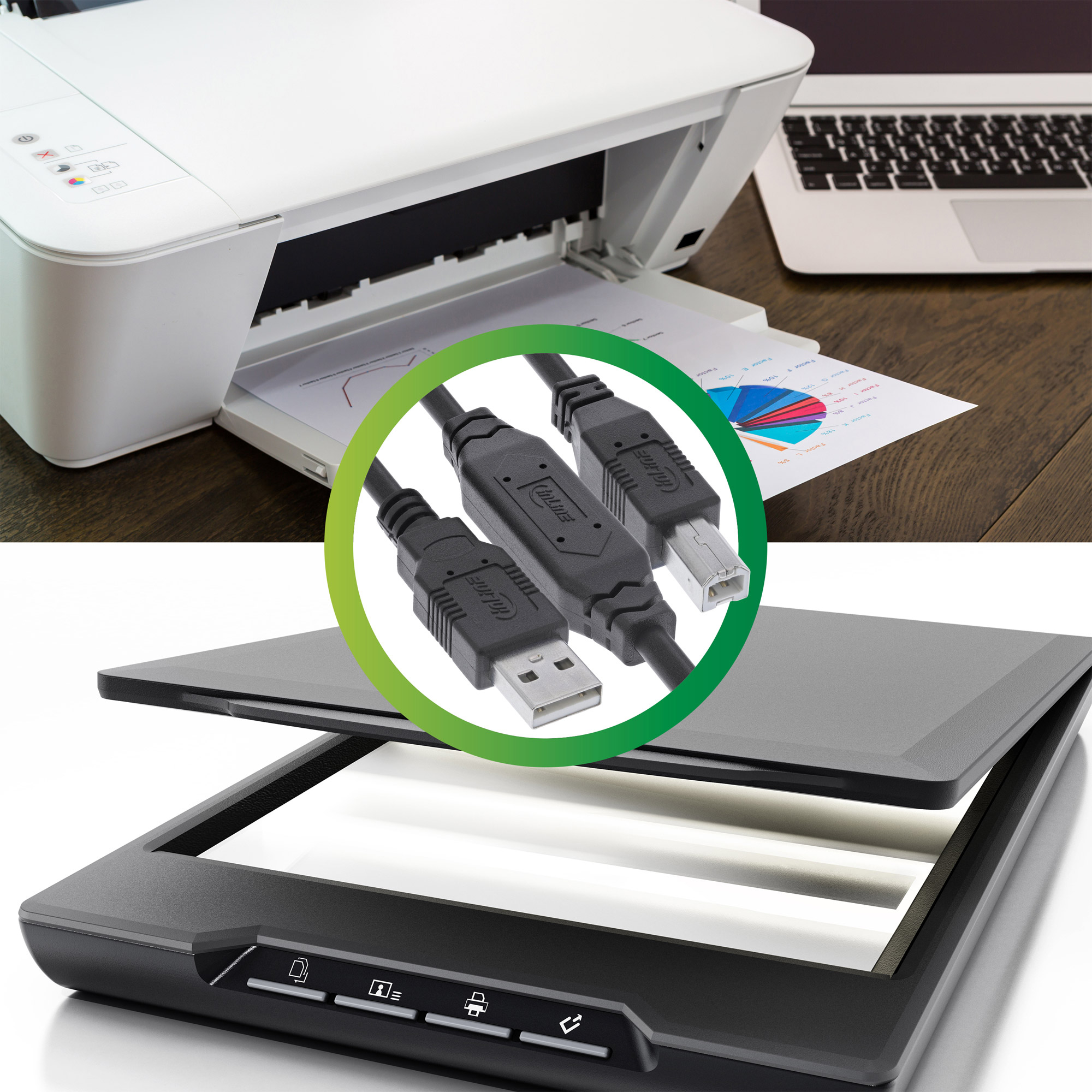 Una stampante e uno scanner con cavi USB evidenziati in un cerchio verde.