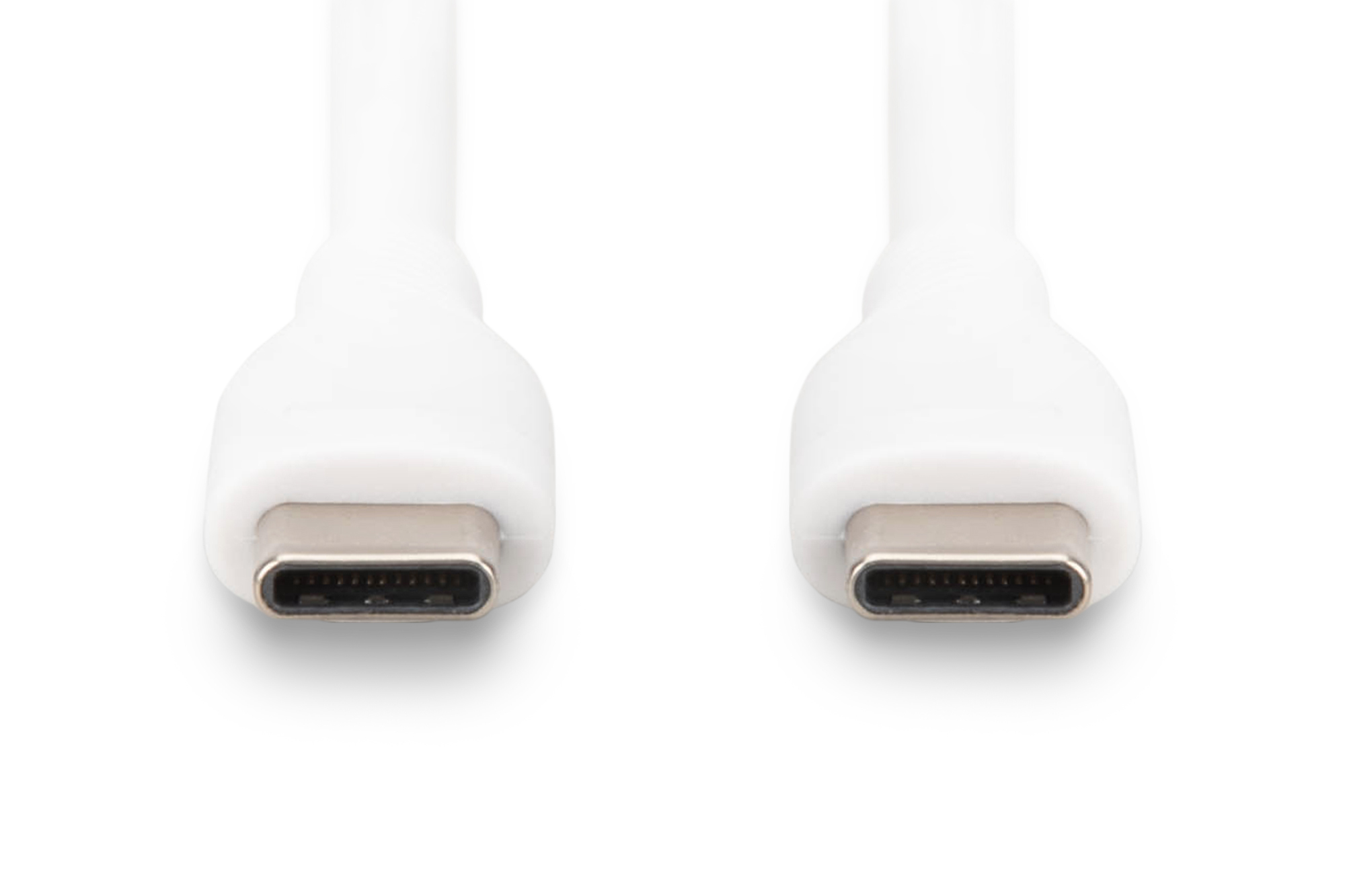 Dwa białe złącza USB-C, zbliżenie na białym tle.