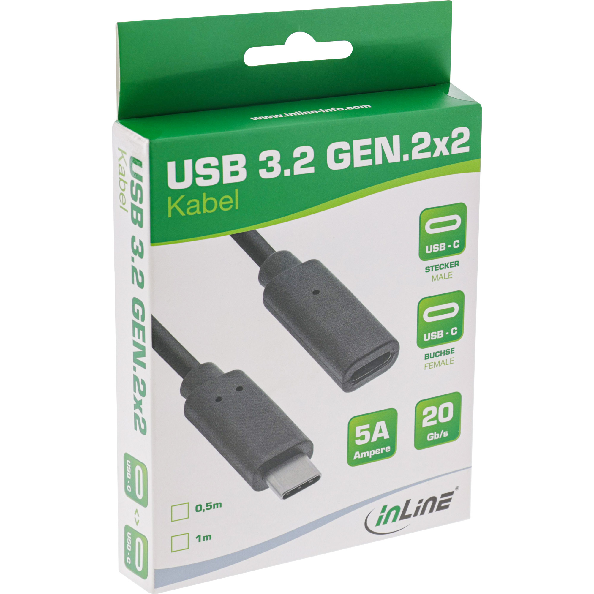 Una scatola con un cavo USB nero. La scatola riporta il testo 'USB 3.2 GEN.2x2' e le specifiche.
