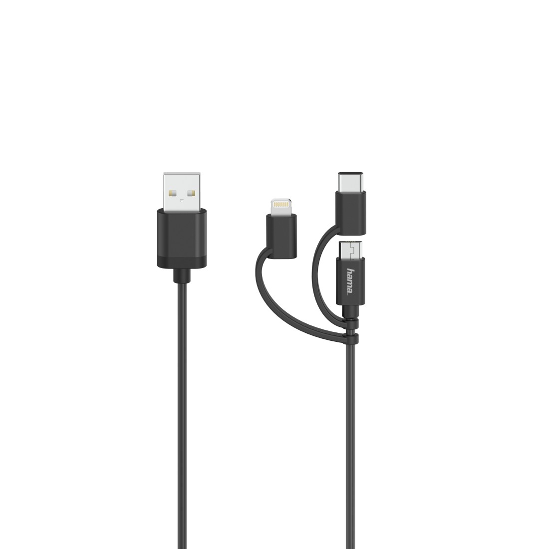 Cavo di ricarica nero con connettori USB, Lightning e USB-C. Sfondo bianco.