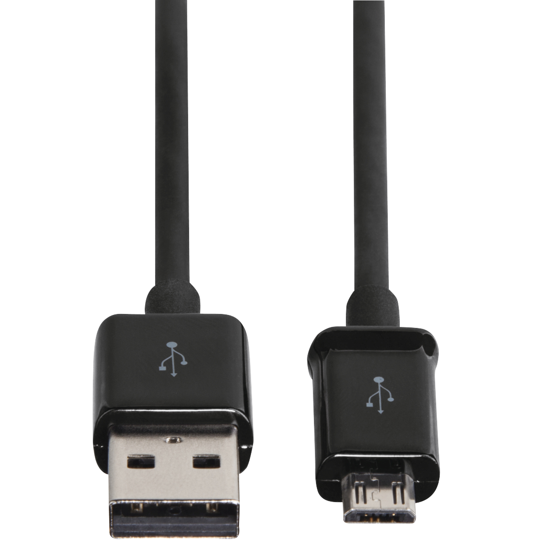 Czarny kabel USB z wtyczką USB-A i Micro-USB na białym tle.