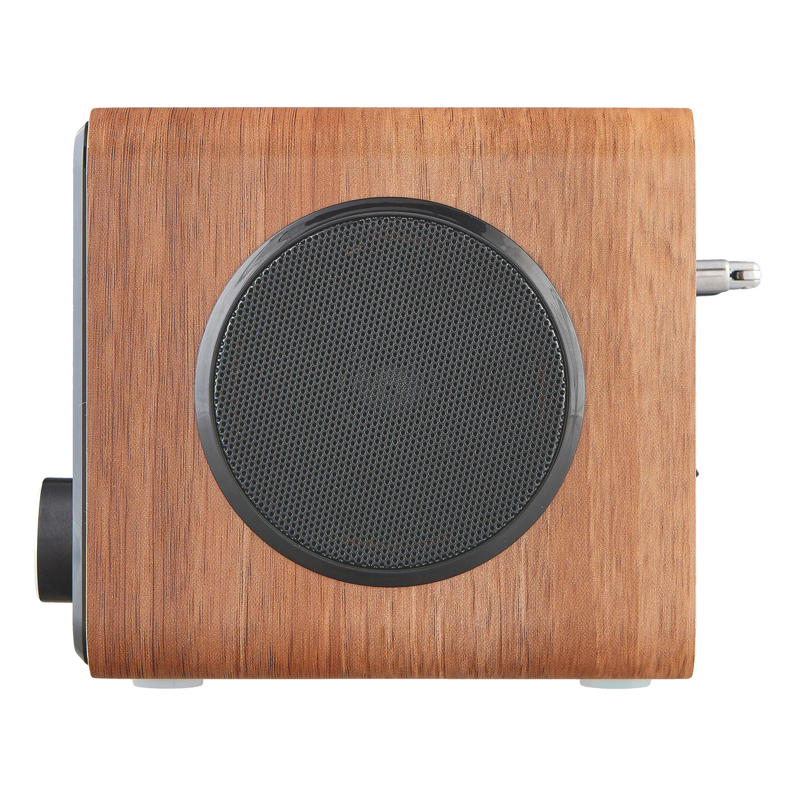 Drewniane radio z głośnikiem. Radio ma czarny ekran i regulację głośności.