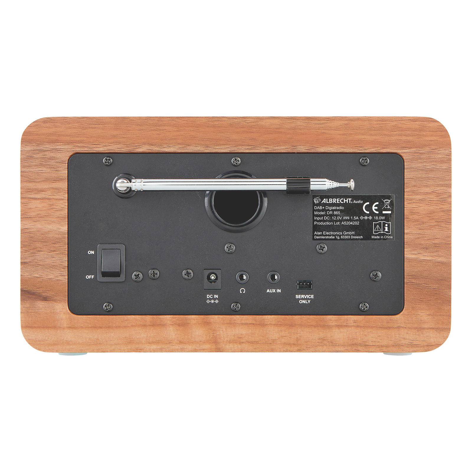 Drewniane radio z anteną, czarny tył z wejściami i przyciskami.