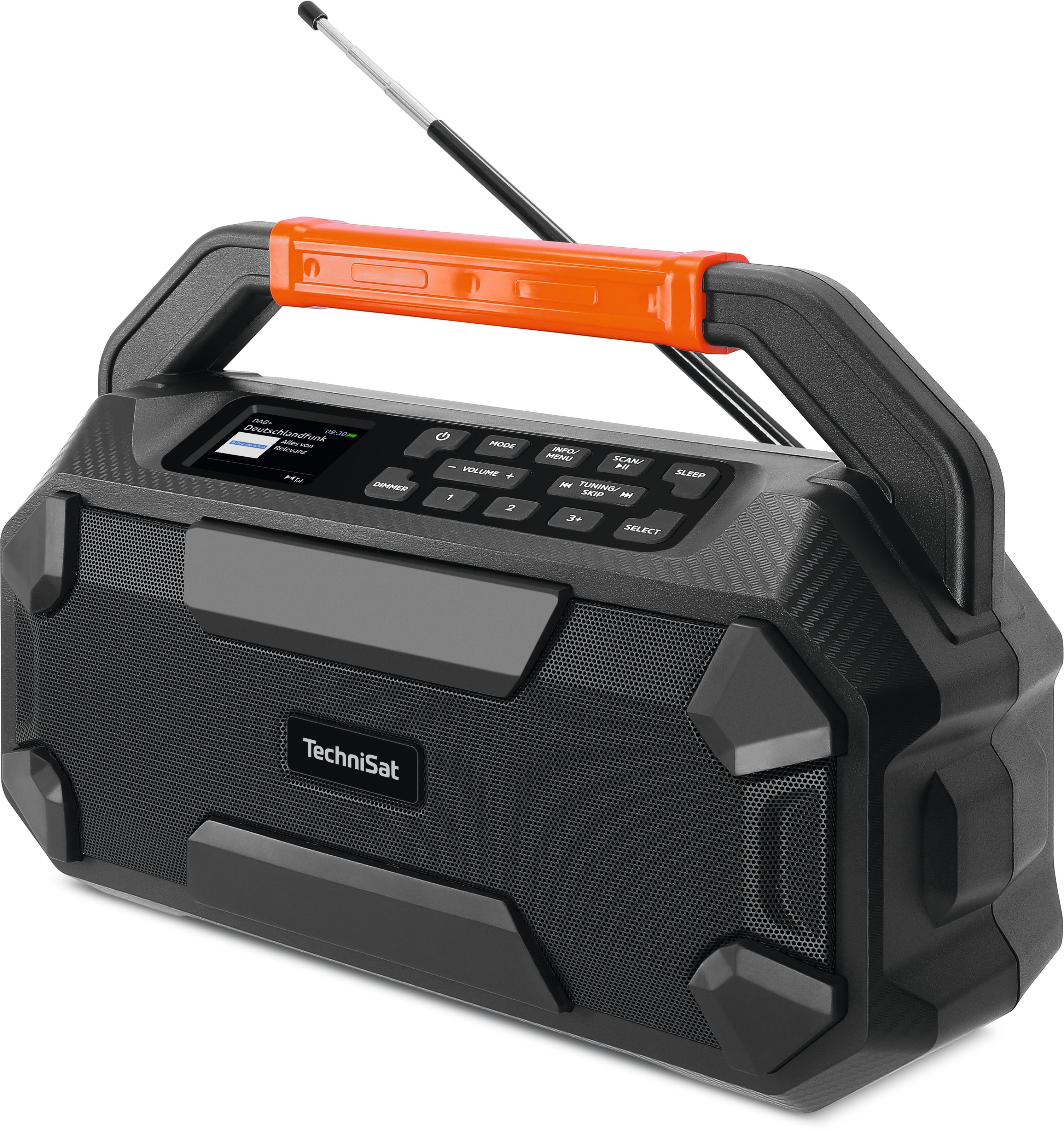 Radio portátil negro y gris con asa, antena y detalles naranjas. Botones, pantalla y nombre de la marca visibles.