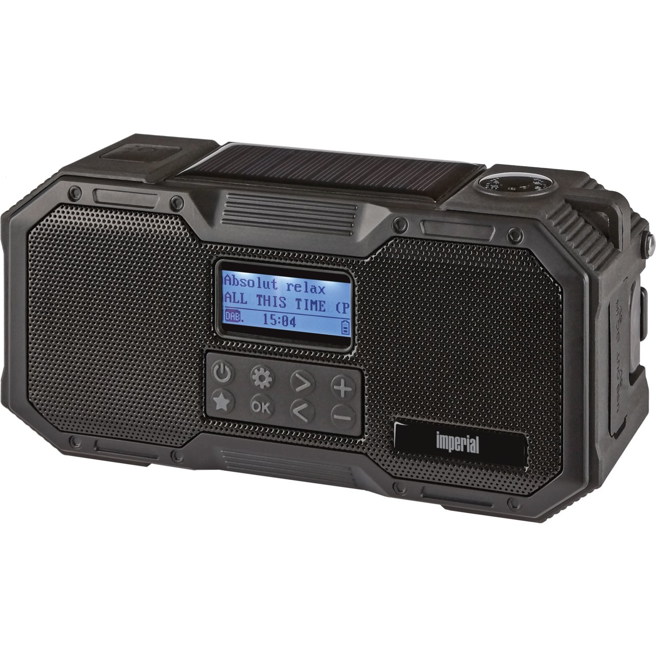 Schwarzes, robustes Radio mit Display, Knöpfen und 'imperial'-Label. Solarpanel oben.