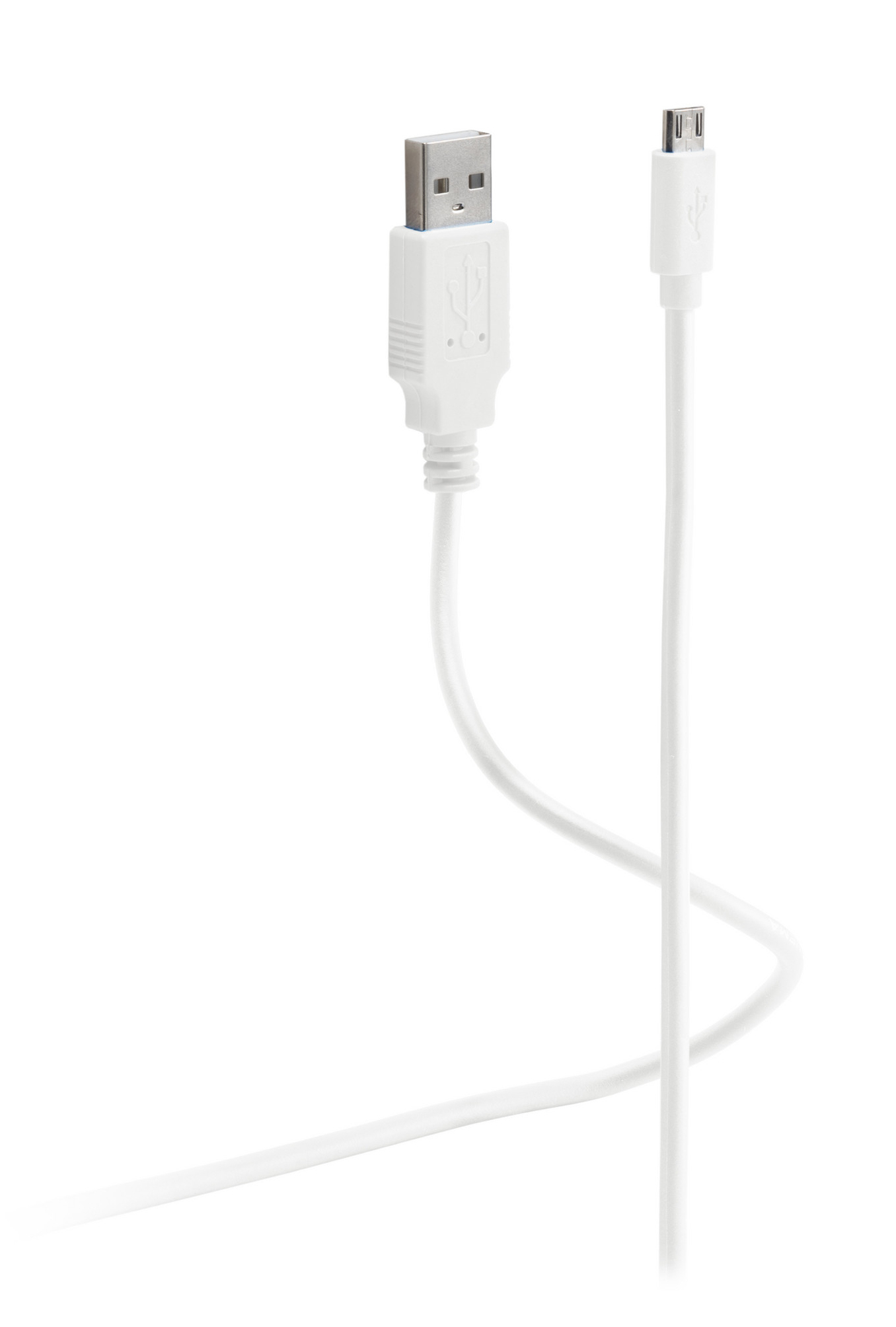 Biały kabel USB. Jeden koniec to USB, a drugi to micro USB. Tło jest białe.