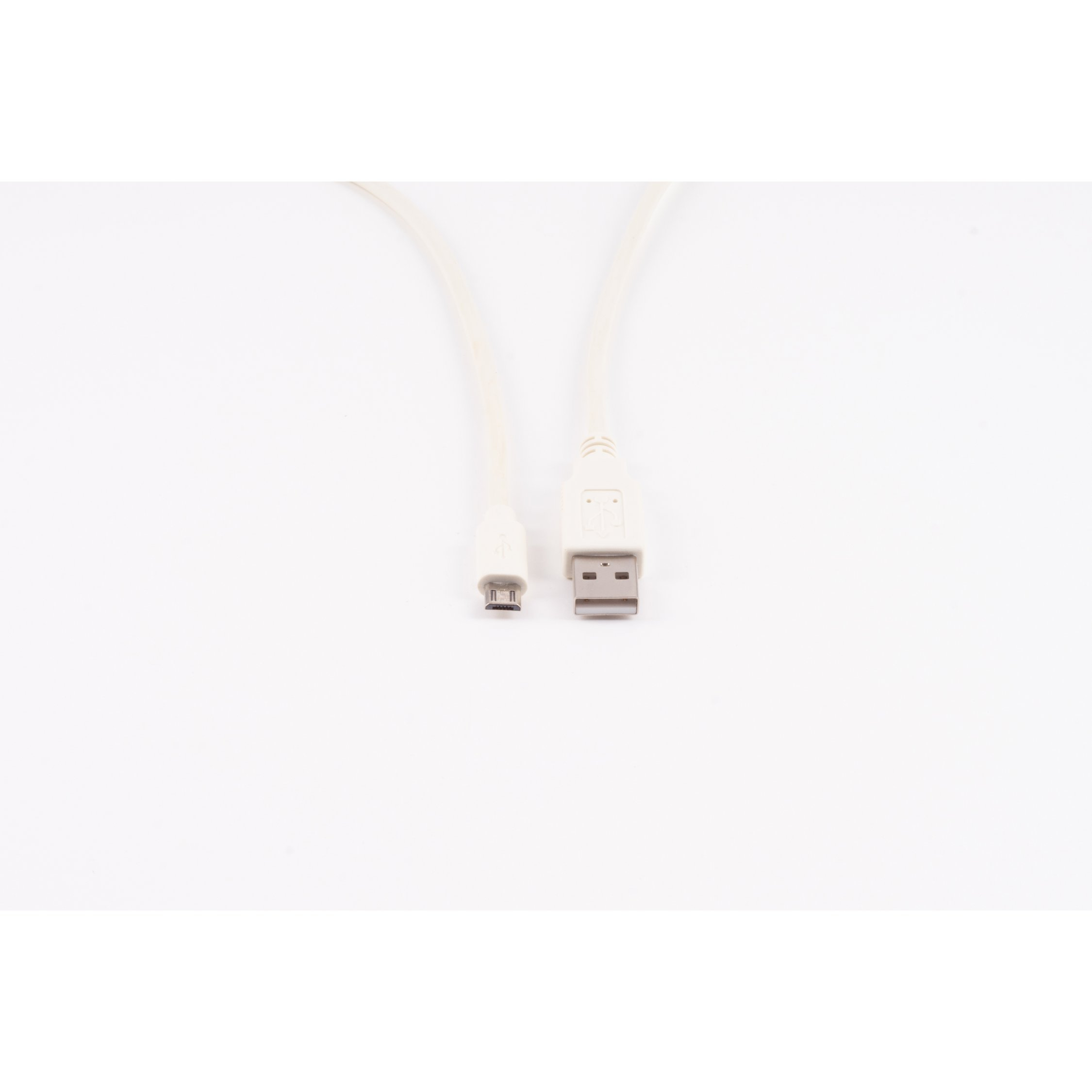 Dwa białe kable USB na białym tle. Jeden koniec to USB-A, drugi micro-USB.