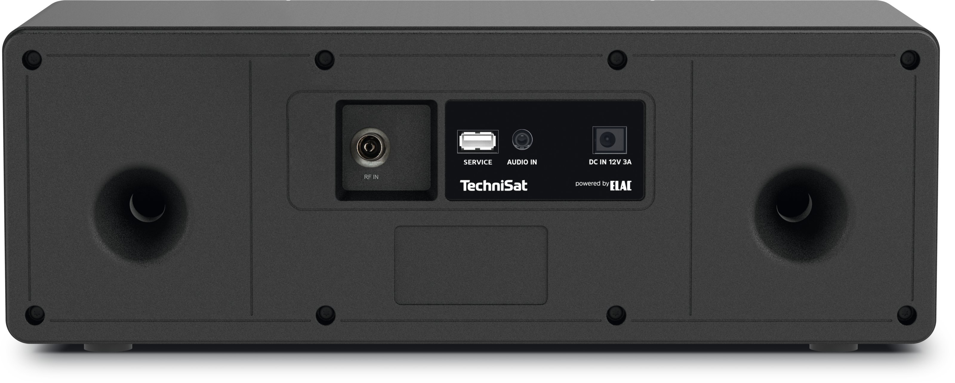 Pannello posteriore di un dispositivo audio TechniSat nero con ingressi e porte.