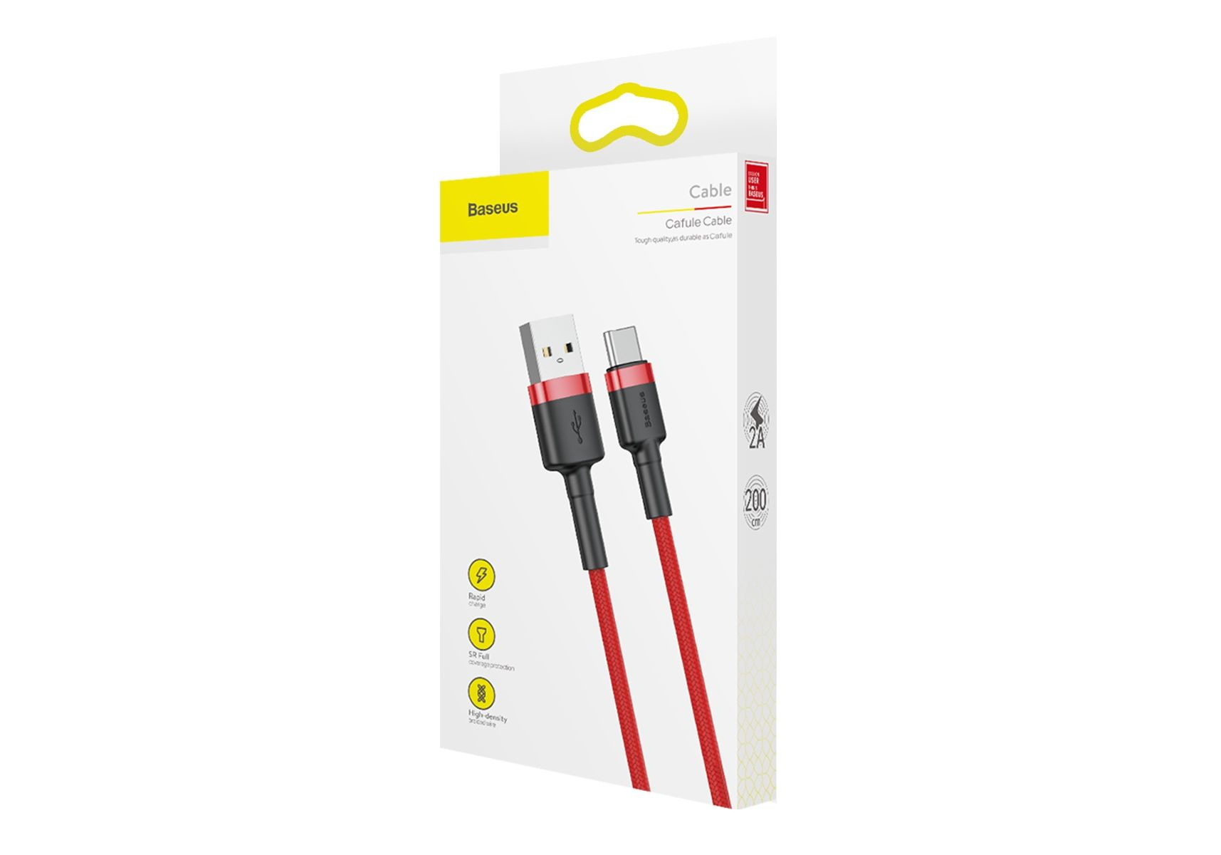 Kabel Baseus USB-A do USB-C w pudełku, z widocznym czerwono-czarnym kablem.