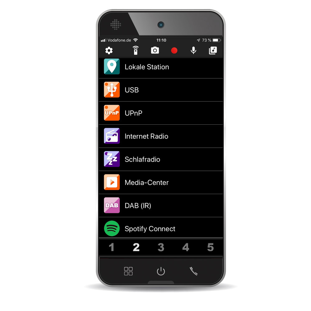 Smartfon wyświetlający ikony aplikacji muzyki, radia i ustawień na czarnym ekranie.