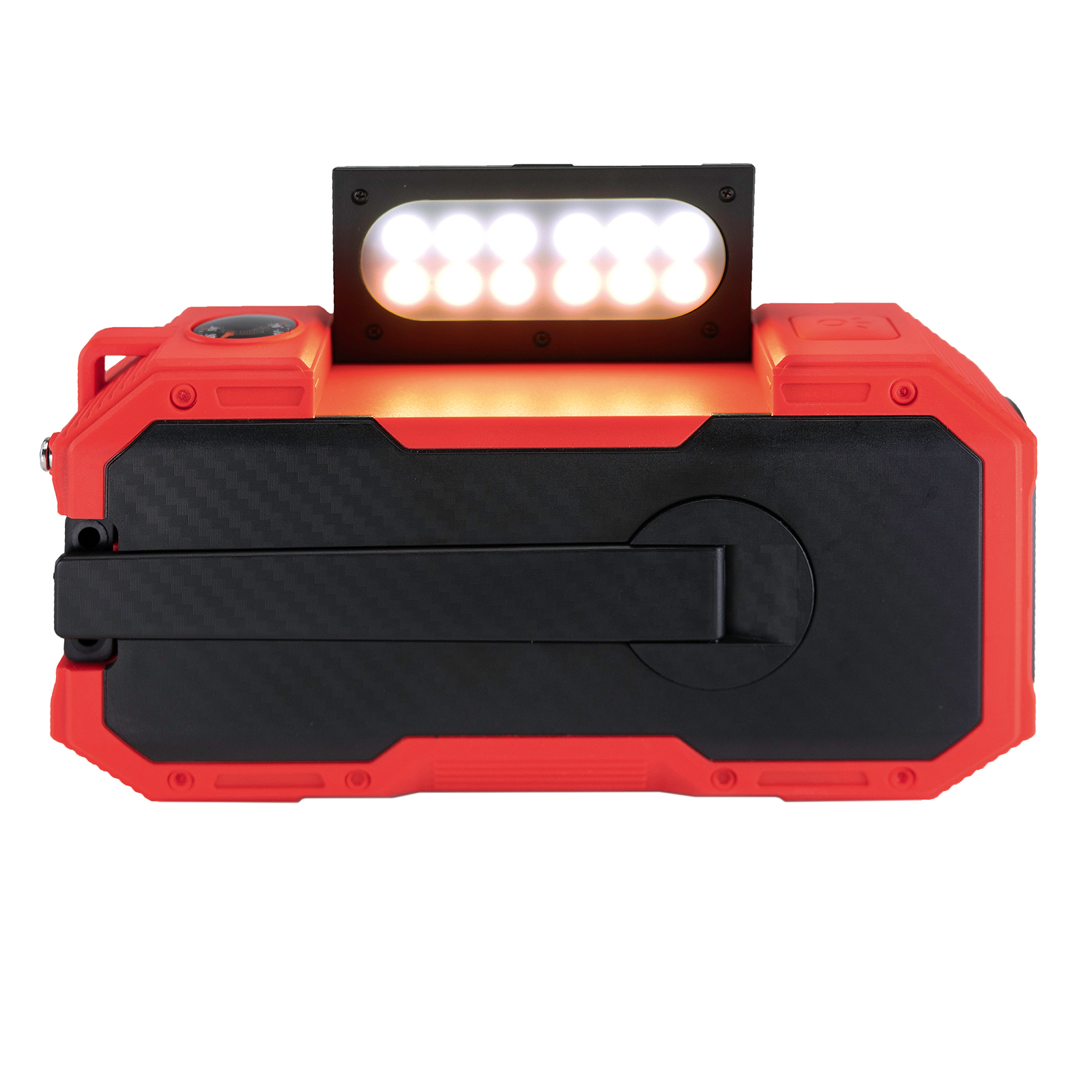 Roter und schwarzer tragbarer Lautsprecher mit hellem Lichtpaneel. Er hat einen Griff und ein Licht oben.