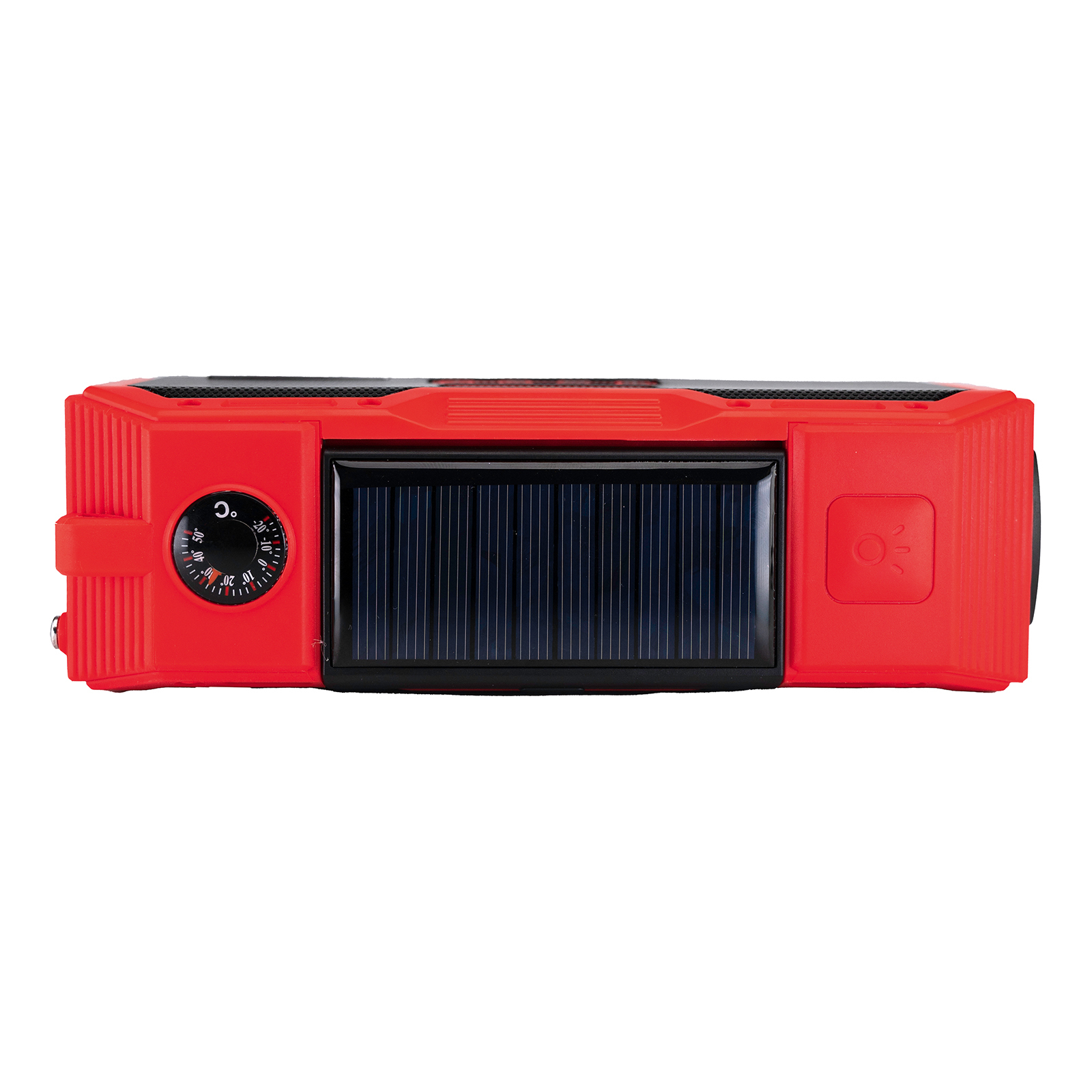 Rotes, rechteckiges Gerät mit Drehknopf und Solarpanel. Schwarz-weiße Details.