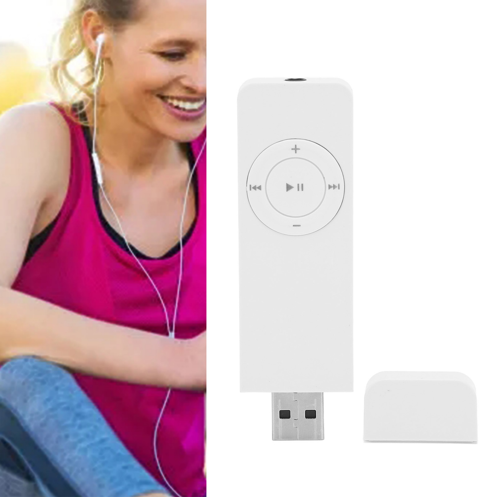 Frau mit Kopfhörern, die einen weißen USB-MP3-Player benutzt. Hintergrund unscharf.