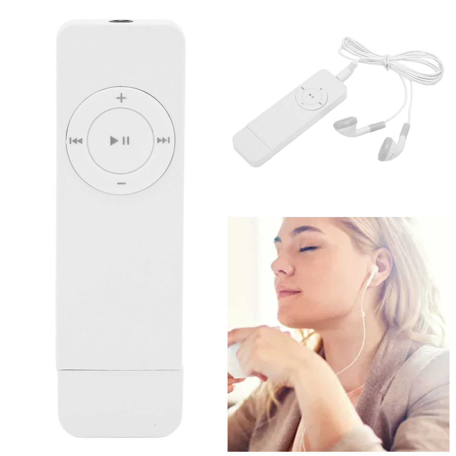 Weißer MP3-Player mit Bedienelementen, Kopfhörern und eine Frau hört Musik.