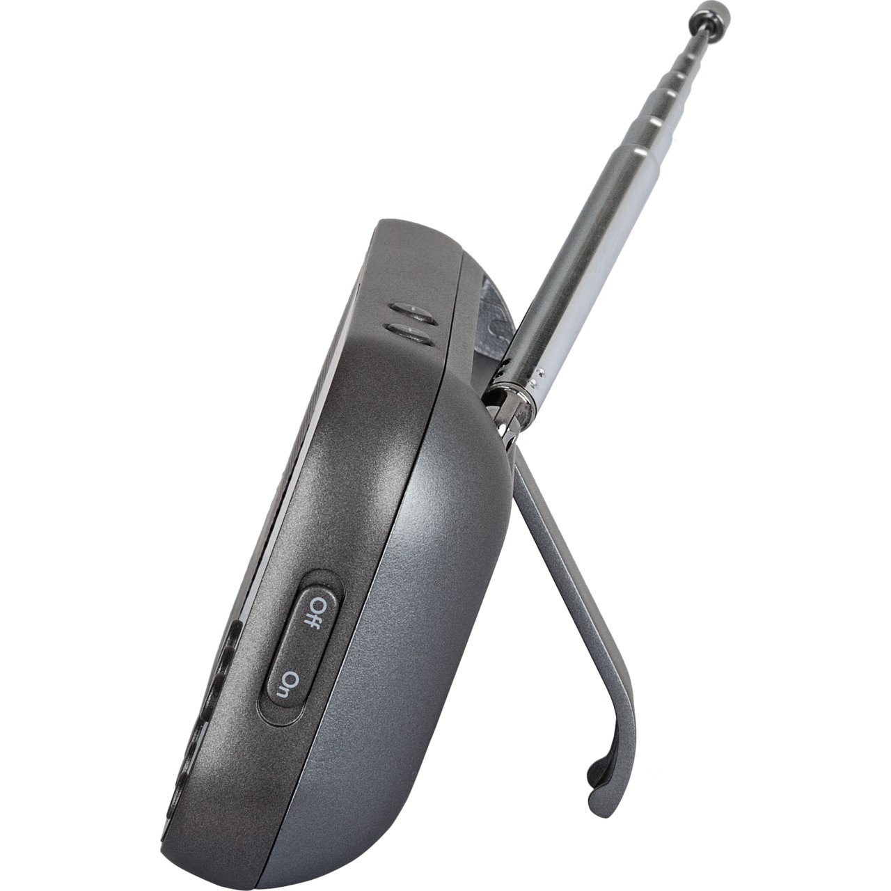 Szare przenośne radio ze stojakiem i anteną. Posiada przyciski z boku.