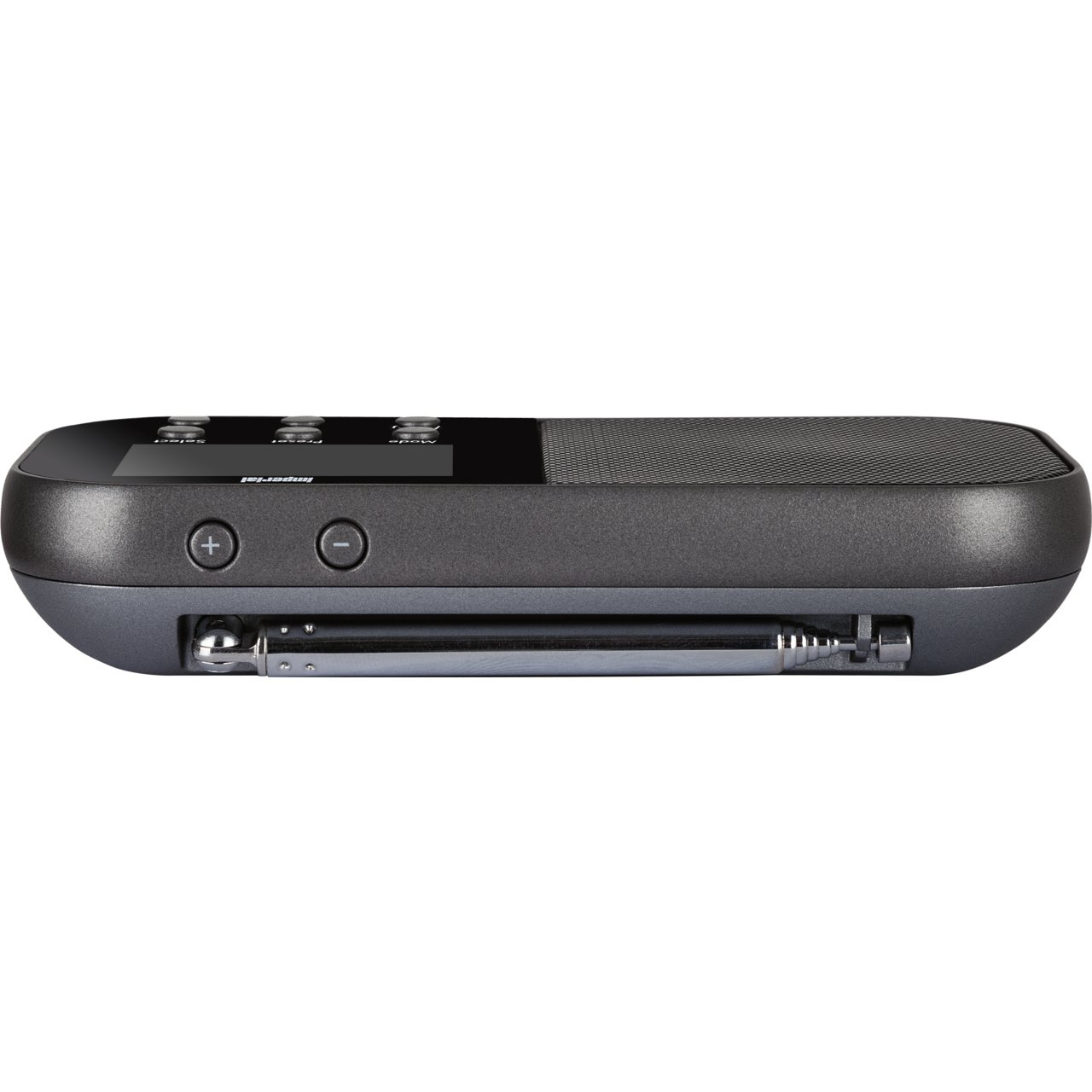 Czarny radioodbiornik z przyciskami, ekranem i chowaną anteną. Głośnik znajduje się po prawej stronie.