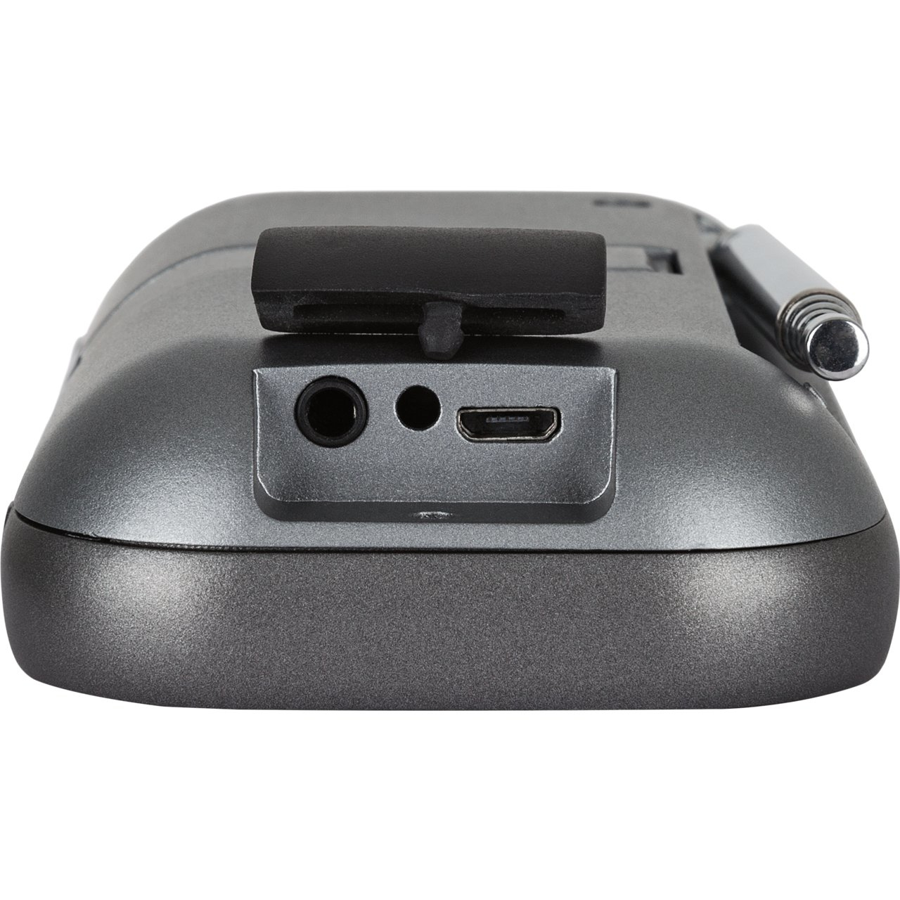 Zbliżenie szarego urządzenia z gniazdem słuchawkowym, USB i przyciskiem.