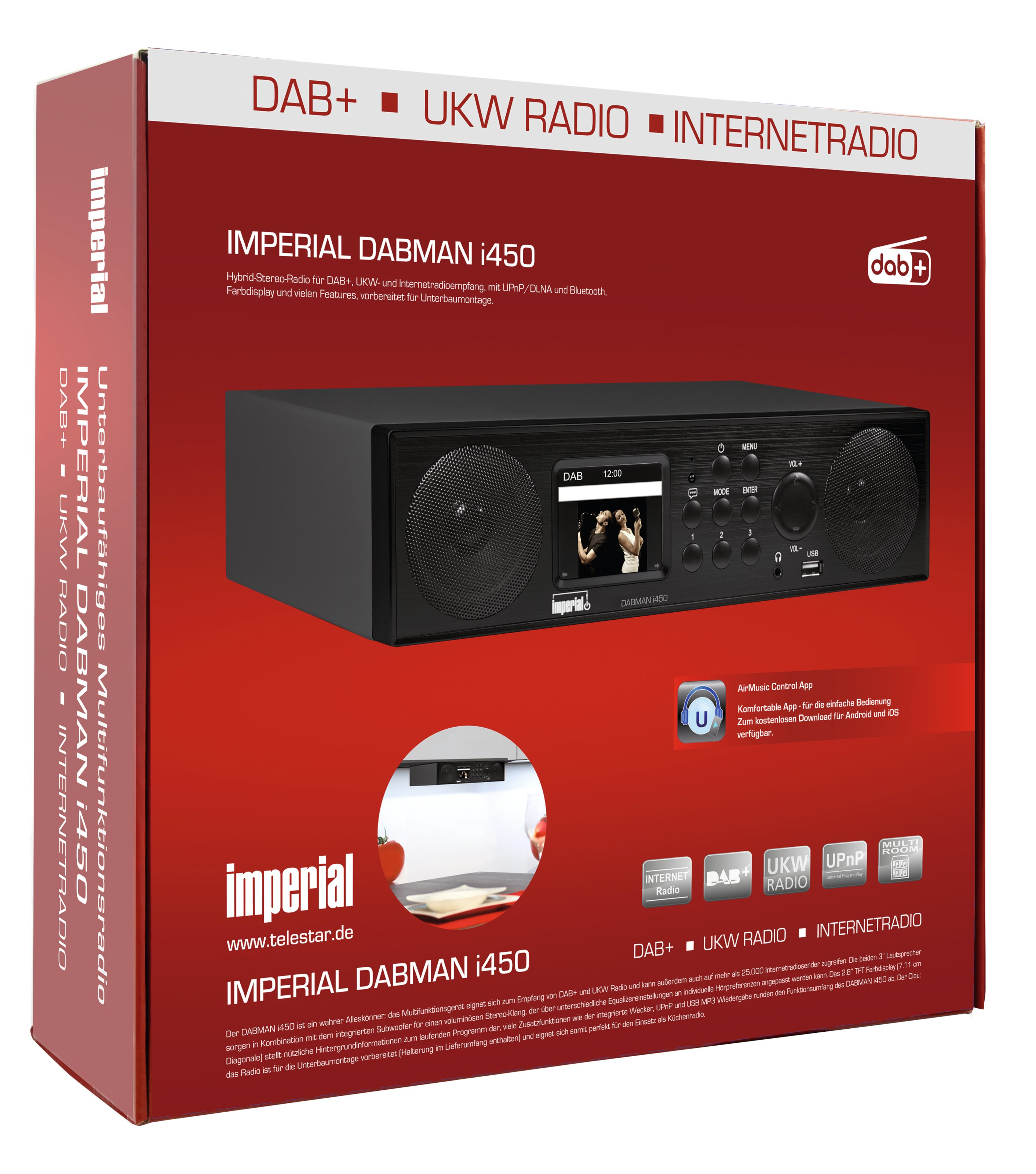 Una caja roja con una radio negra, etiquetada 'IMPERIAL DABMAN i450'.