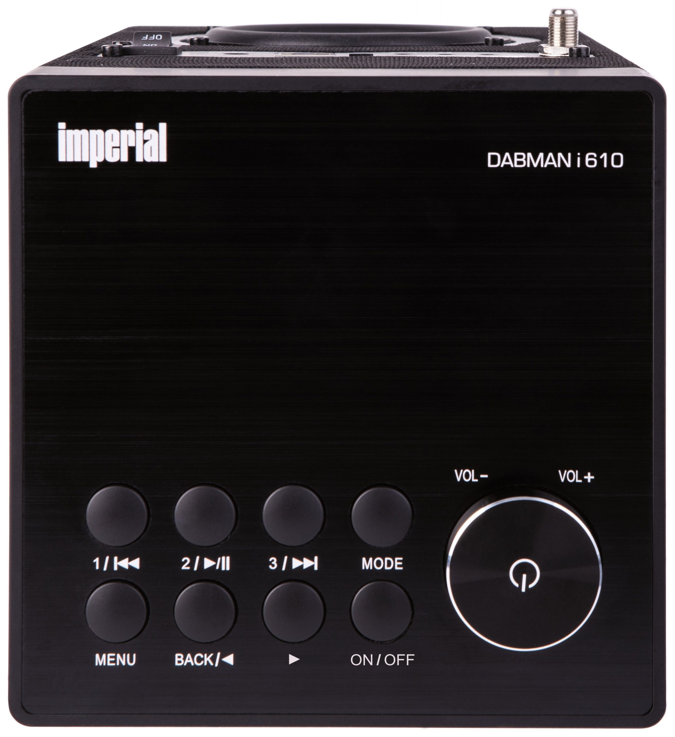 A black DABMAN i610 radio with buttons, on a white background.