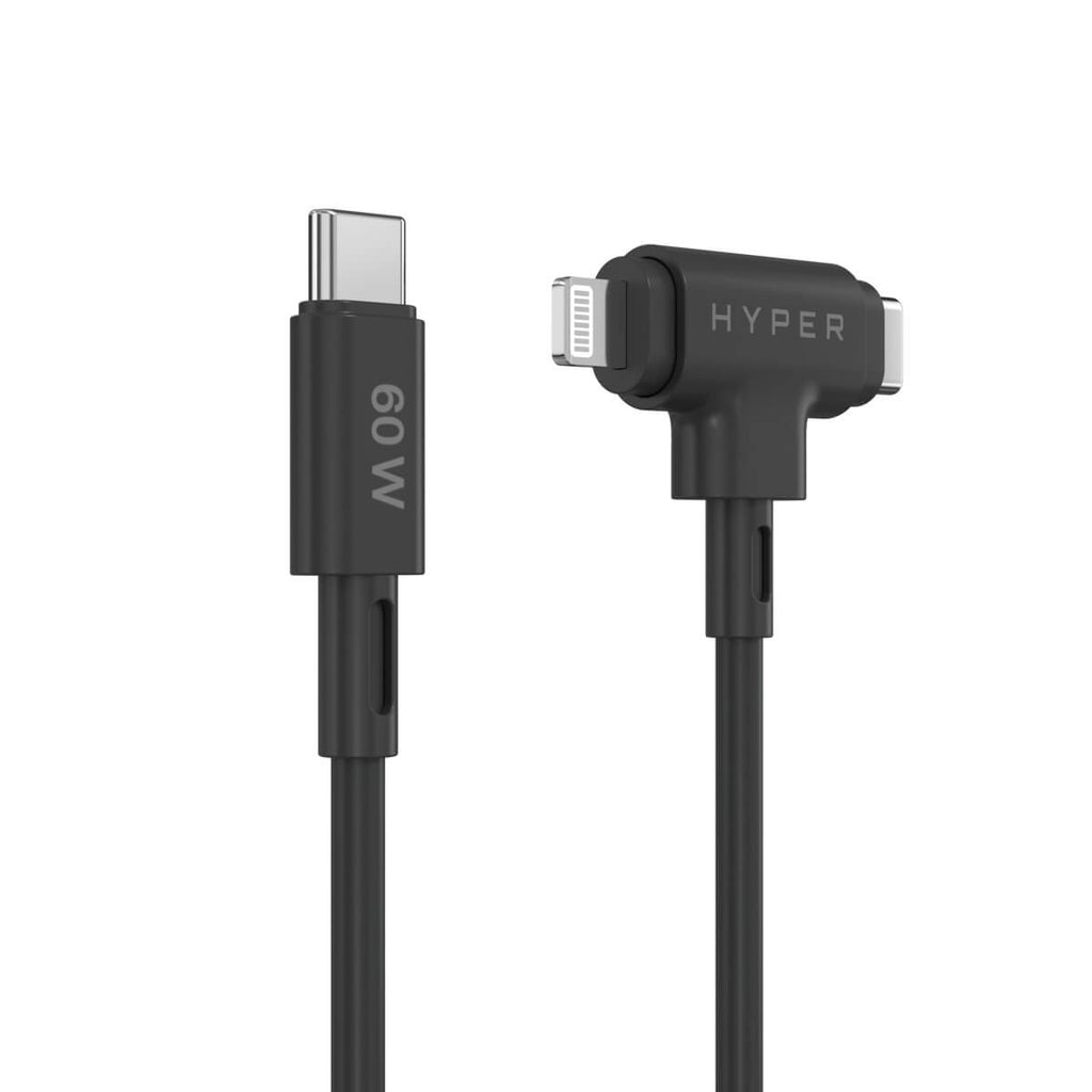 Black and white charging cable with USB-C and Lightning connectors. White background.