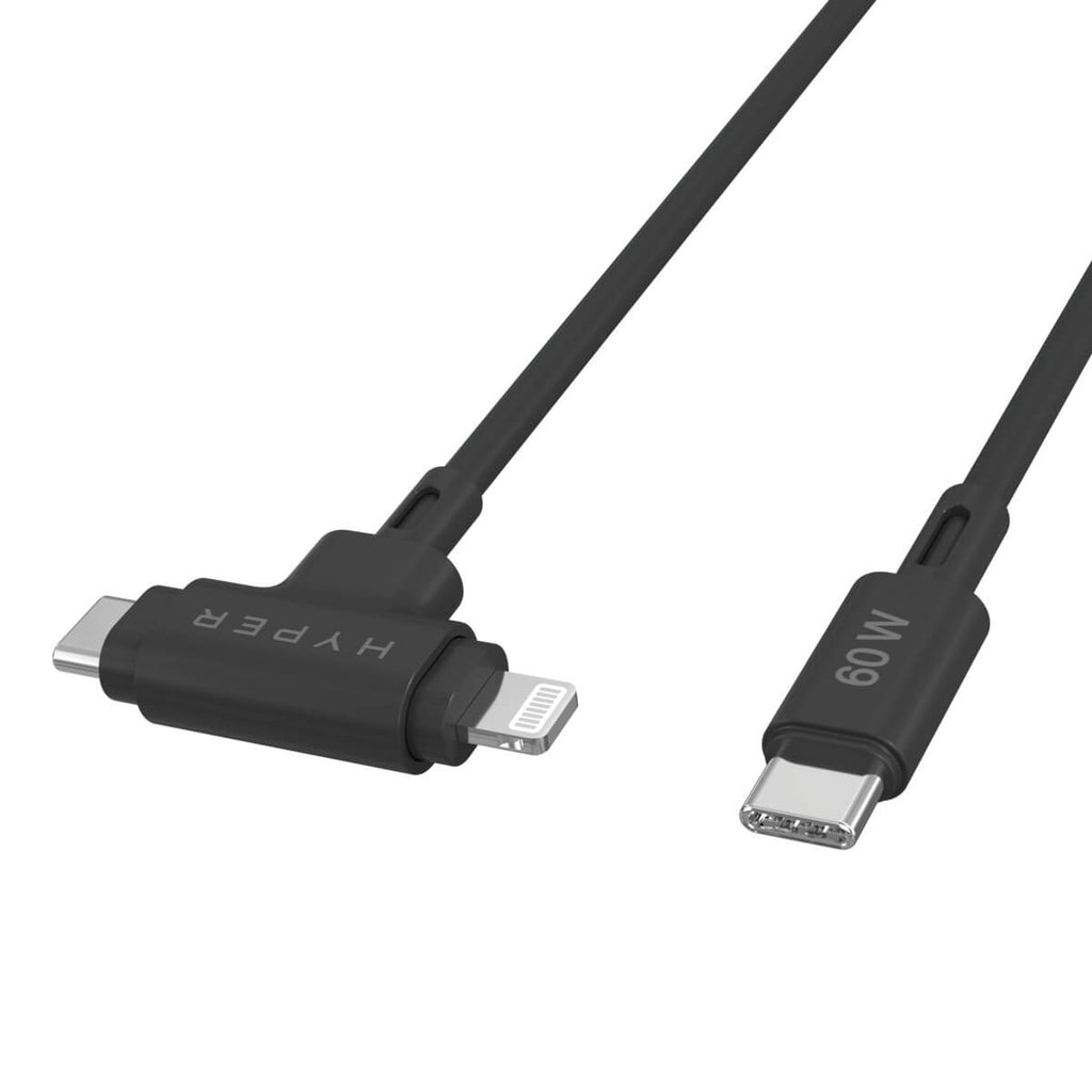 Black Hyper charging cable with a USB-C connector and a Lightning connector on a white background.