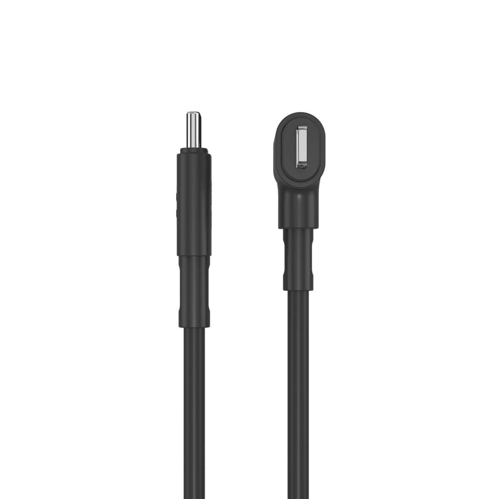 Two black charging cables with connectors, one angled and one straight.