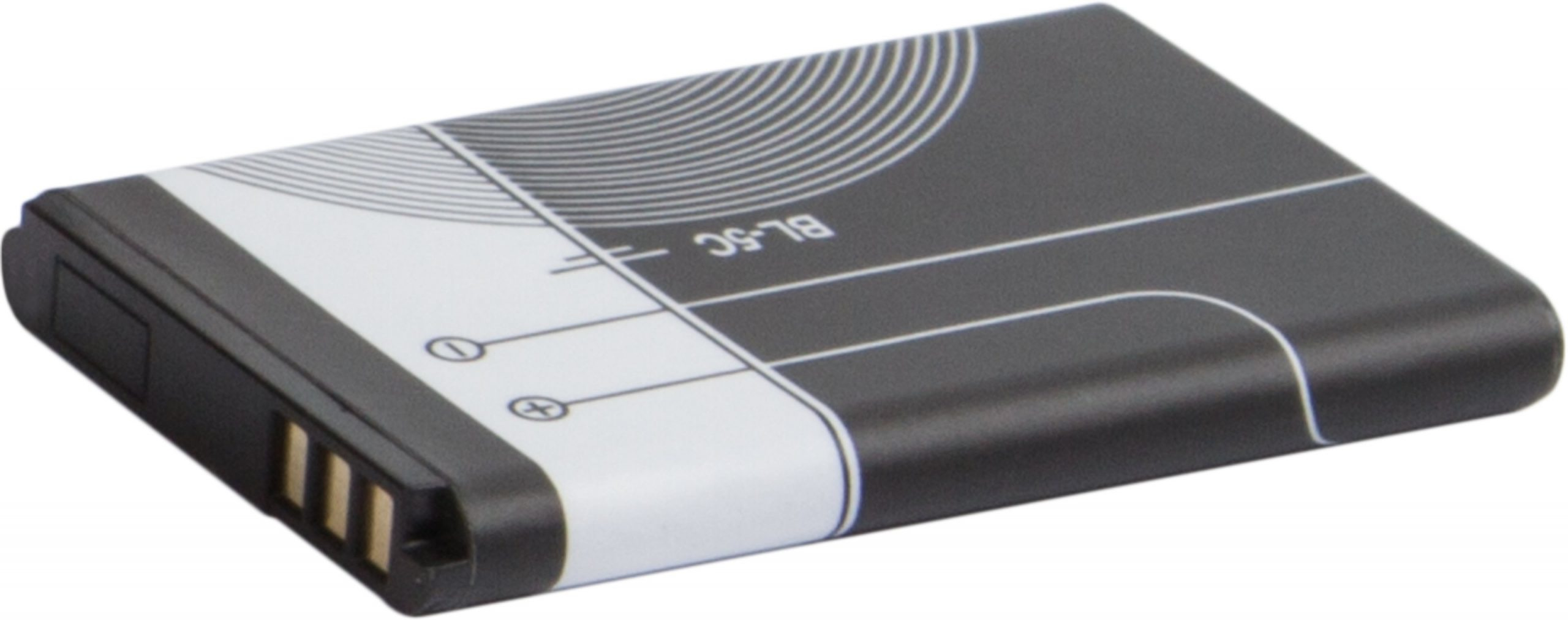 Prostokątna czarno-biała bateria telefoniczna ze złotymi złączami po jednej stronie.