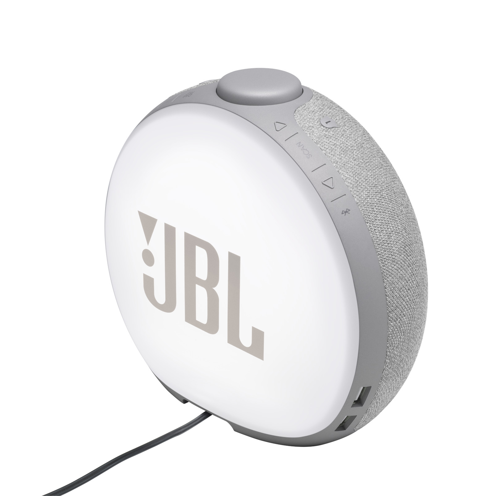 Altoparlante JBL bianco e grigio con design circolare e pulsanti di controllo.