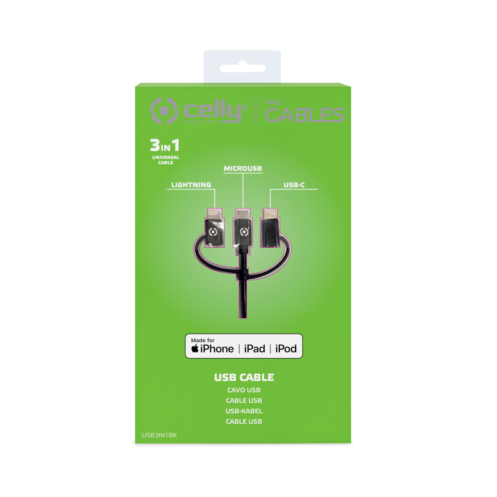 Embalaje de cable USB verde y blanco con tres cabezales de cable diferentes.