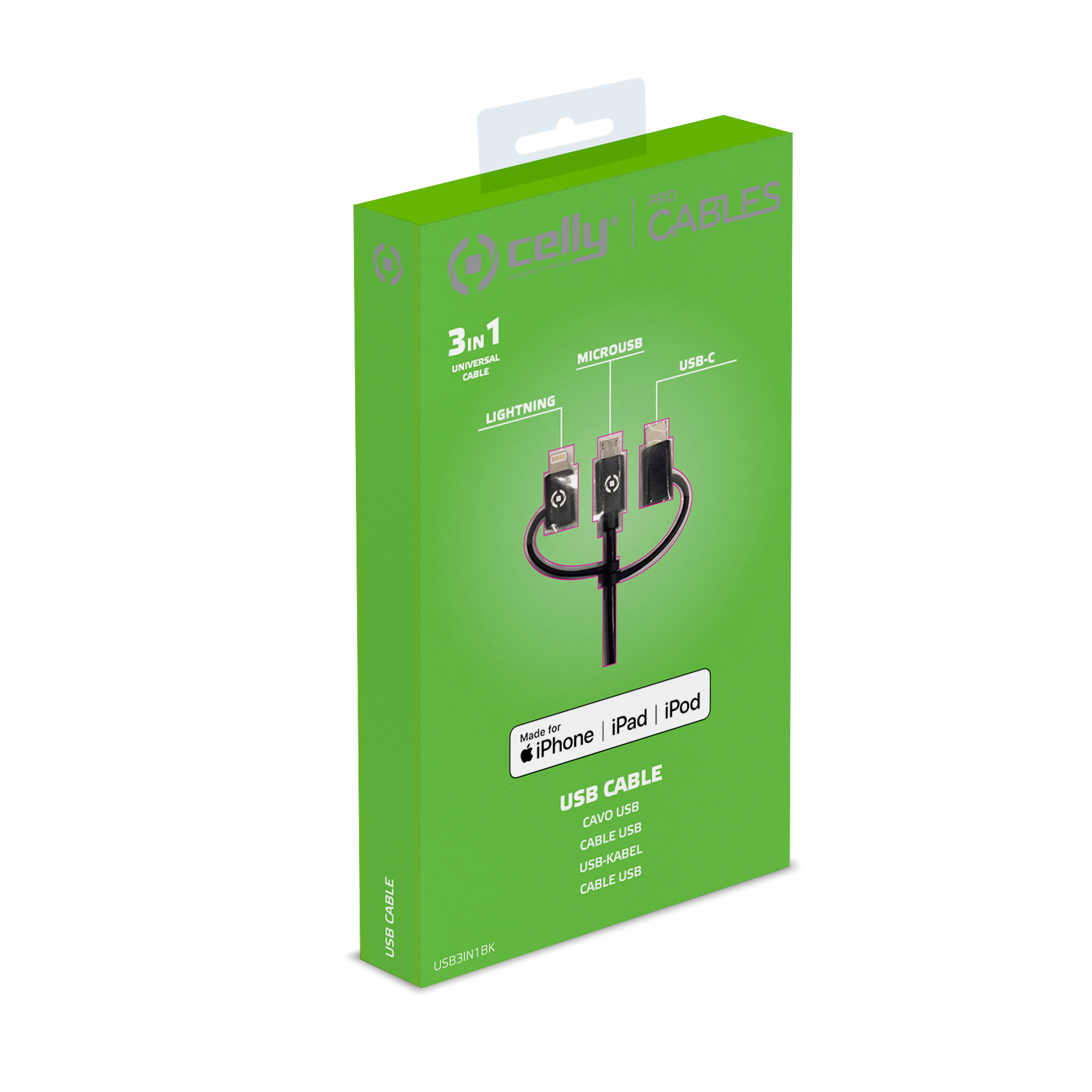 Una caja de cable USB verde y negro con un cable universal 3 en 1.