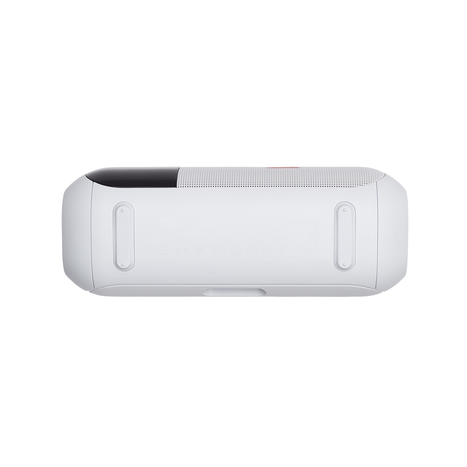Altavoz rectangular blanco sobre fondo blanco. Tiene dos hendiduras ovaladas.
