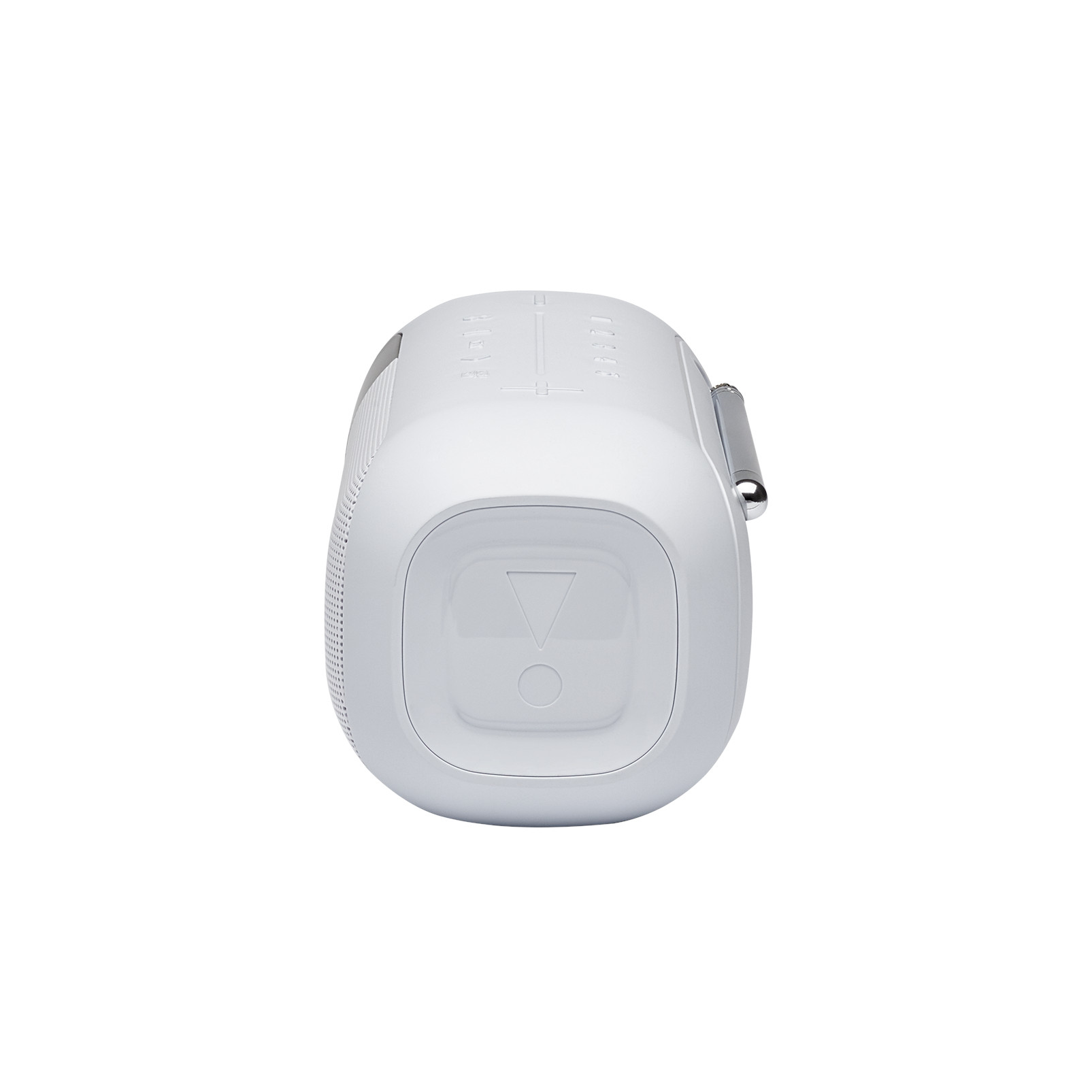 Altavoz JBL blanco, vista superior, con asa y antena plateada, aislado sobre blanco.