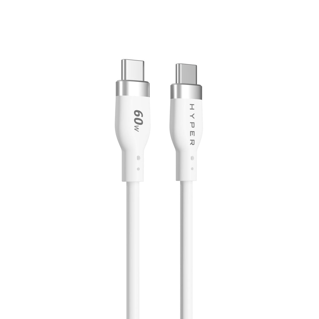 Cavo di ricarica bianco con due connettori USB-C. Il cavo ha le etichette '60W' e 'HYPER'.