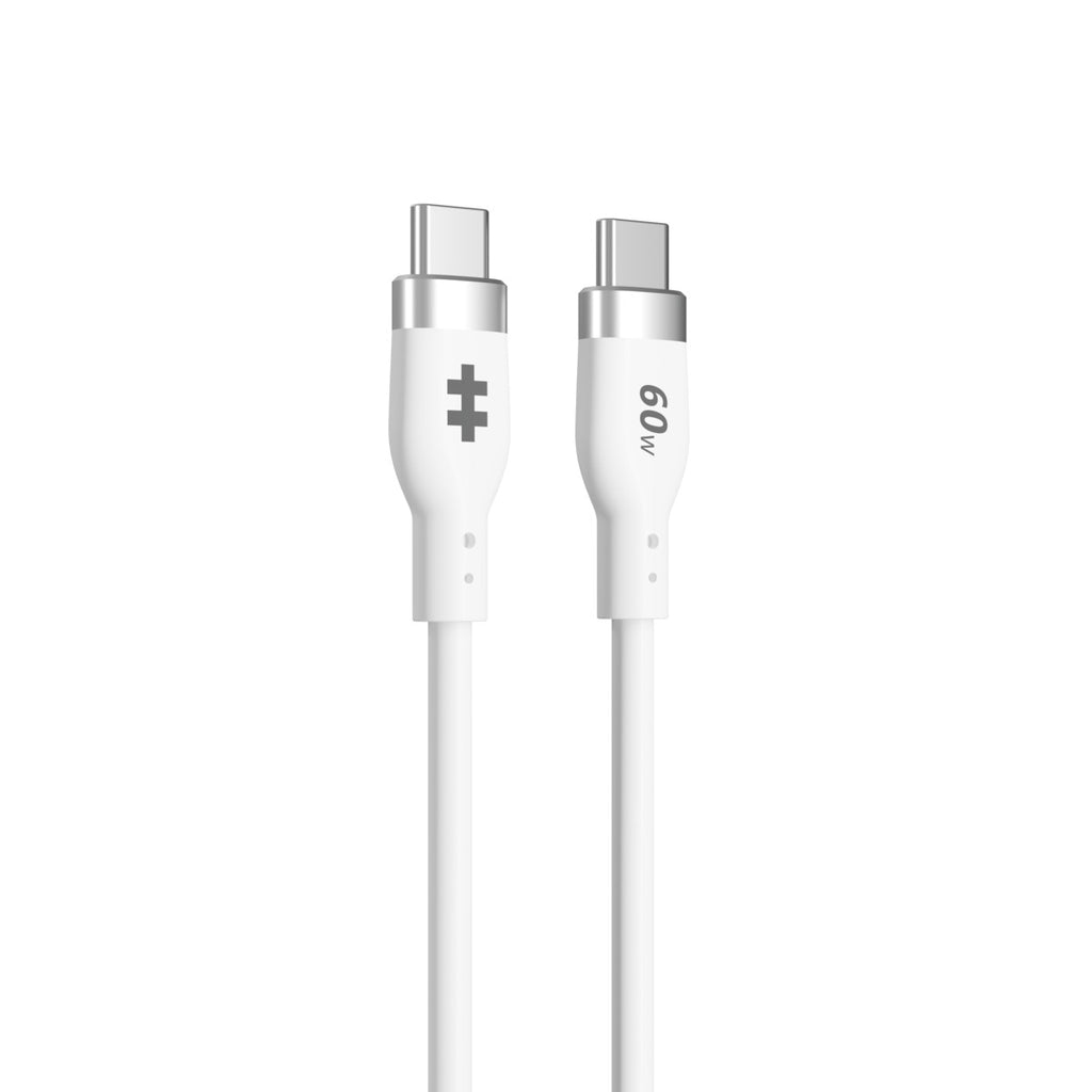 Due cavi USB-C bianchi con connettori a ciascuna estremità.