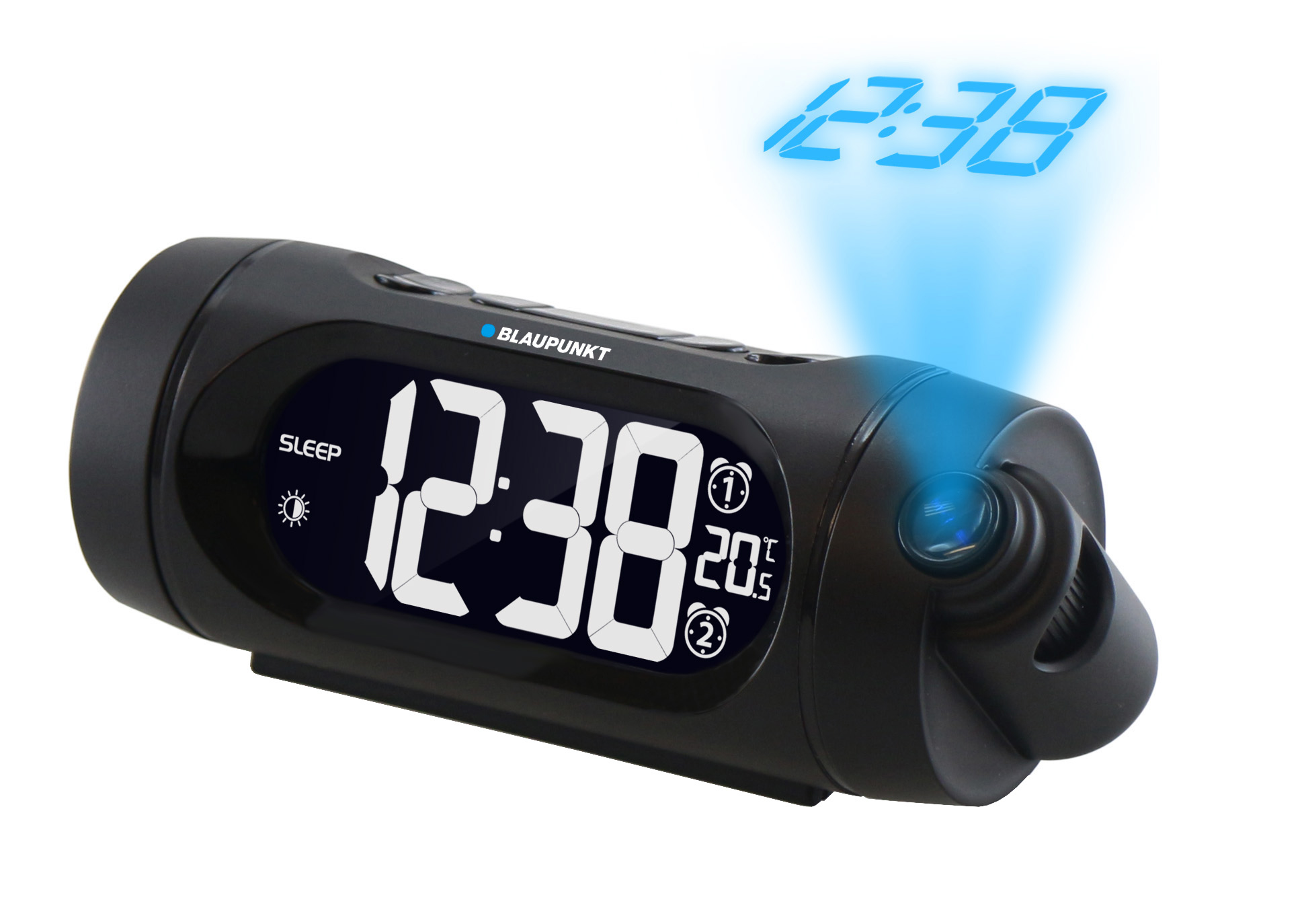 Schwarzer Blaupunkt Wecker projiziert 12:38 in blauem Licht. Zeigt Zeit u. Temp.
