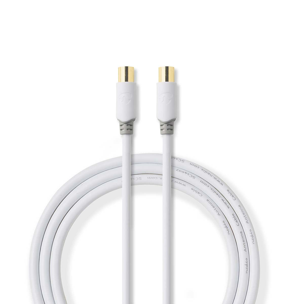 Dos cables coaxiales blancos con conectores dorados, dispuestos verticalmente.