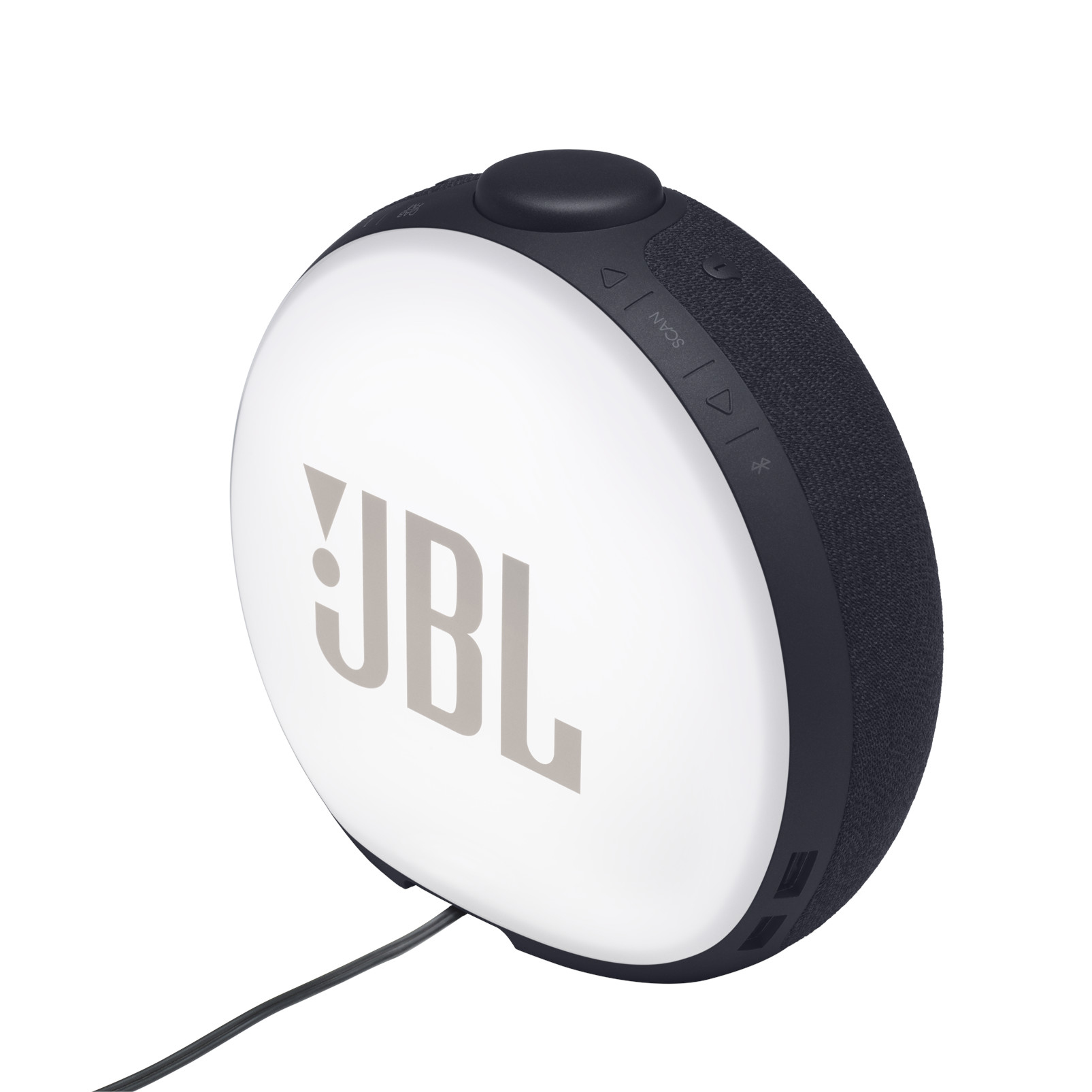 Ein schwarz-weißer JBL-Lautsprecher mit weißer beleuchteter Oberfläche.