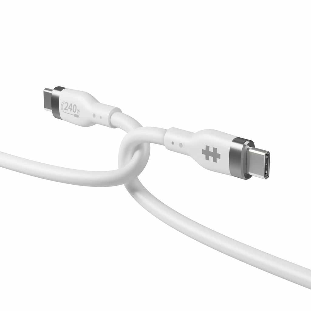 A white USB-C cable, knotted in the middle, with connectors at each end.