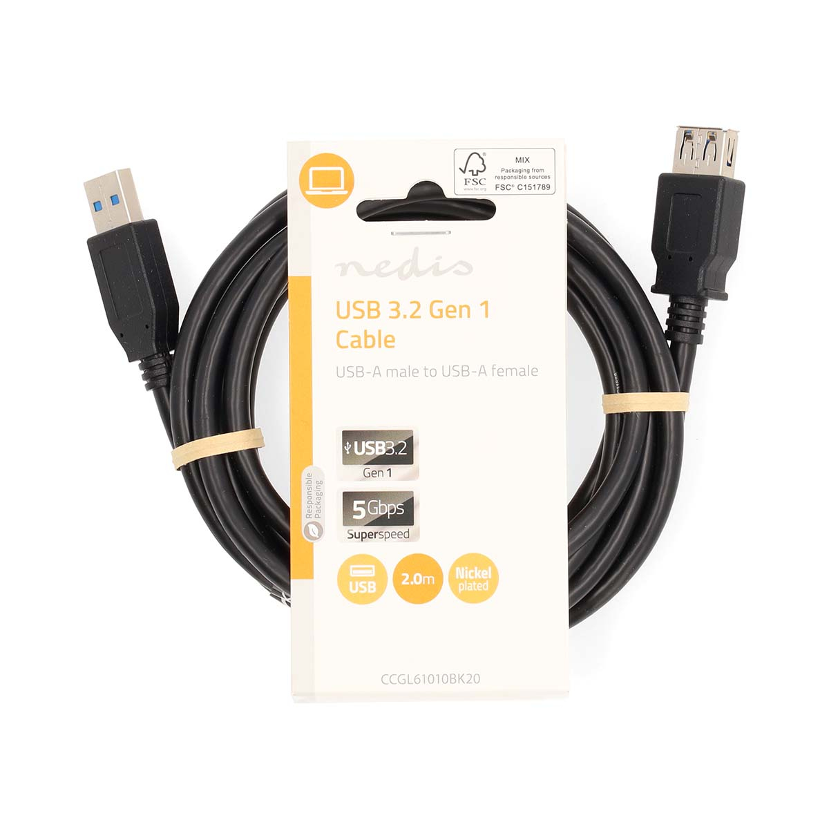 A black USB 3.2 Gen 1 cable with USB-A connectors, white packaging with details.
