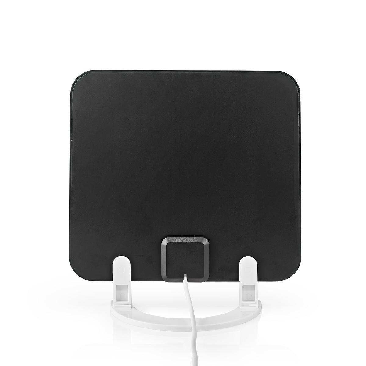 Une antenne intérieure noire sur un support blanc, sur fond blanc. Elle est rectangulaire.