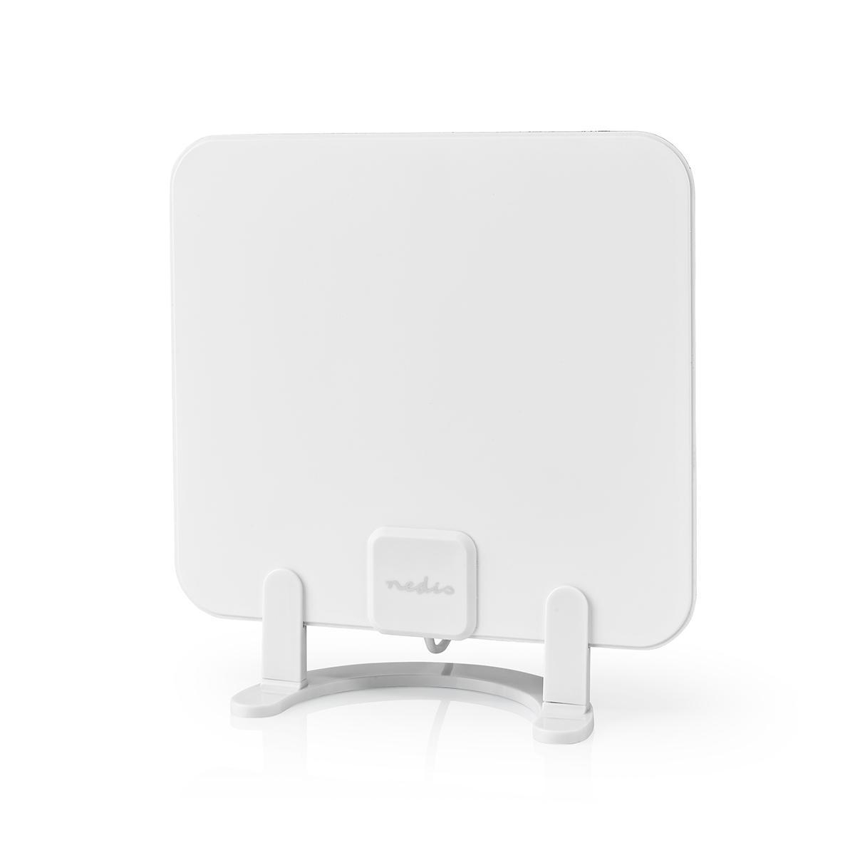 Antenne intérieure blanche, carrée, sur un support, pour la réception TV.