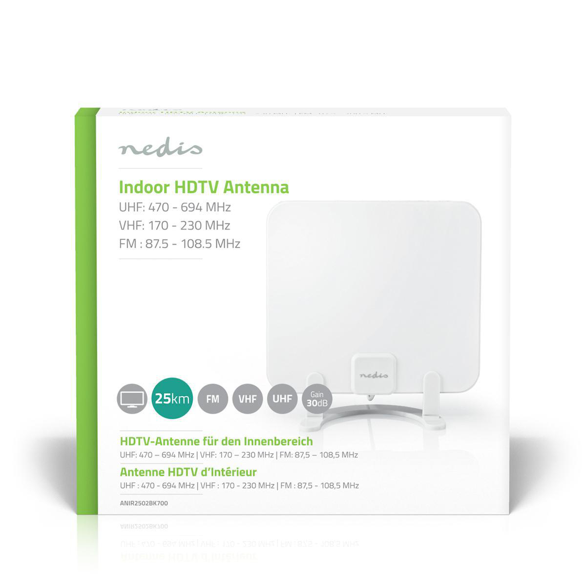 Antenne HDTV d'intérieur blanche dans une boîte avec spécifications techniques et un graphique.
