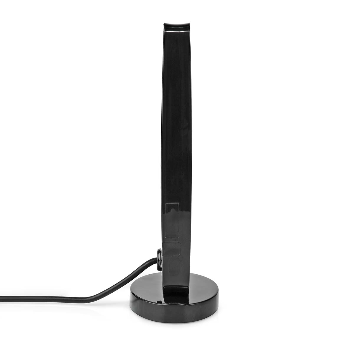 Zwarte, glanzende, rechthoekige antenne. Het heeft een ronde voet en een dunne, verticale behuizing. Een kabel loopt van de voet.