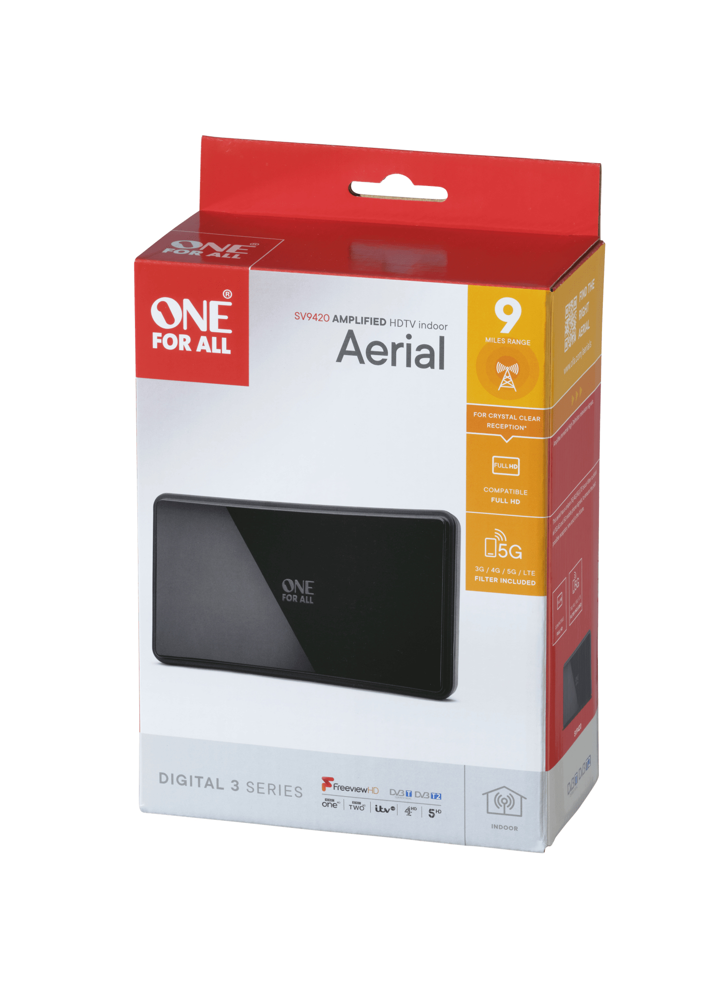 Boîte d'antenne One For All avec un design rouge et blanc. Comprend une antenne noire.